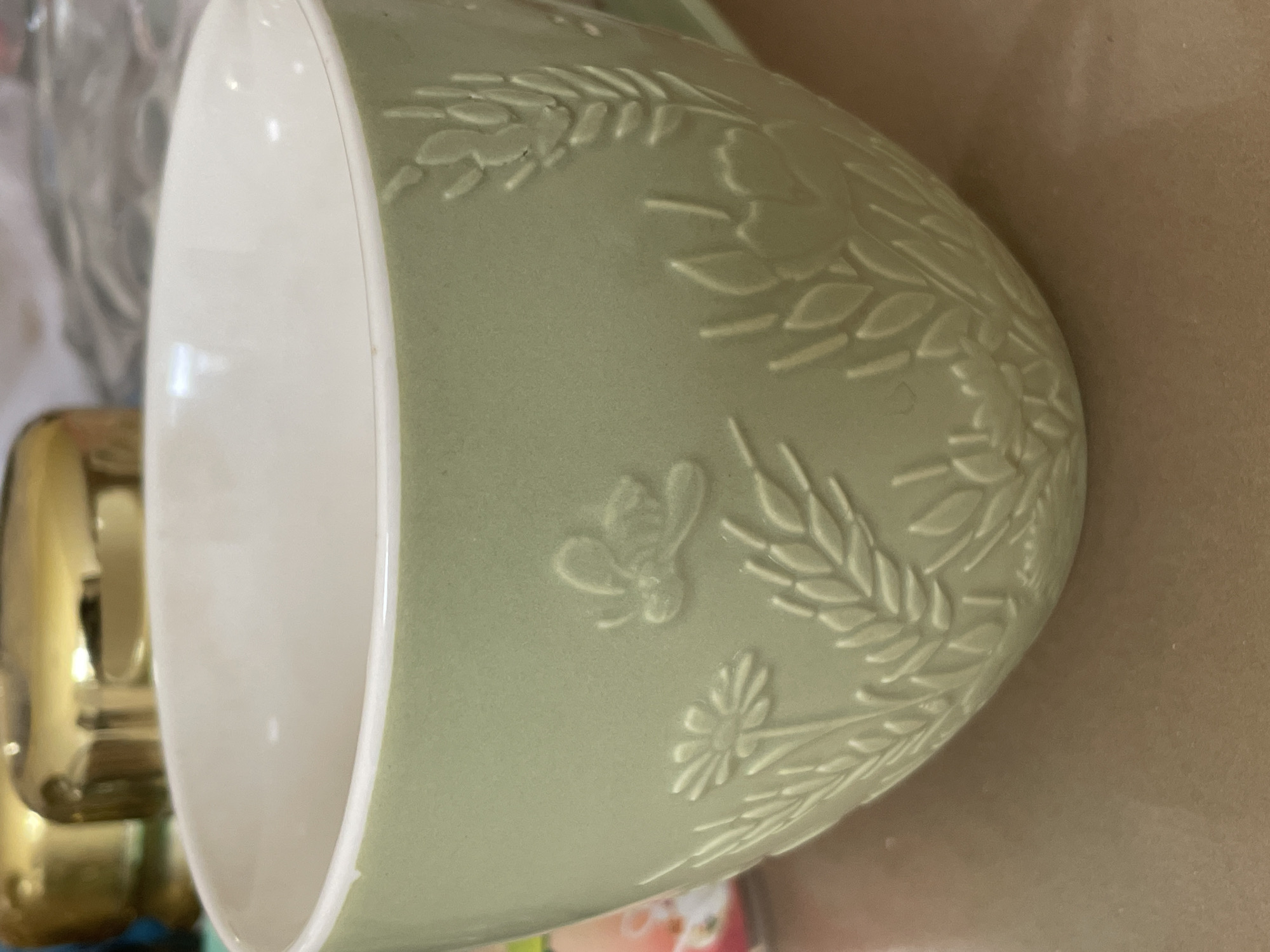 A close-up, eye-level shot showcases a light green ceramic mug with embossed floral and wheat designs. The mug has a white interior and rests on a brown surface. In the background, out of focus, are two shiny gold objects, possibly lids or decorative elements, on a blurred surface. The scene is indoors, and there is no information to suggest a specific location in Tashkent, Uzbekistan.