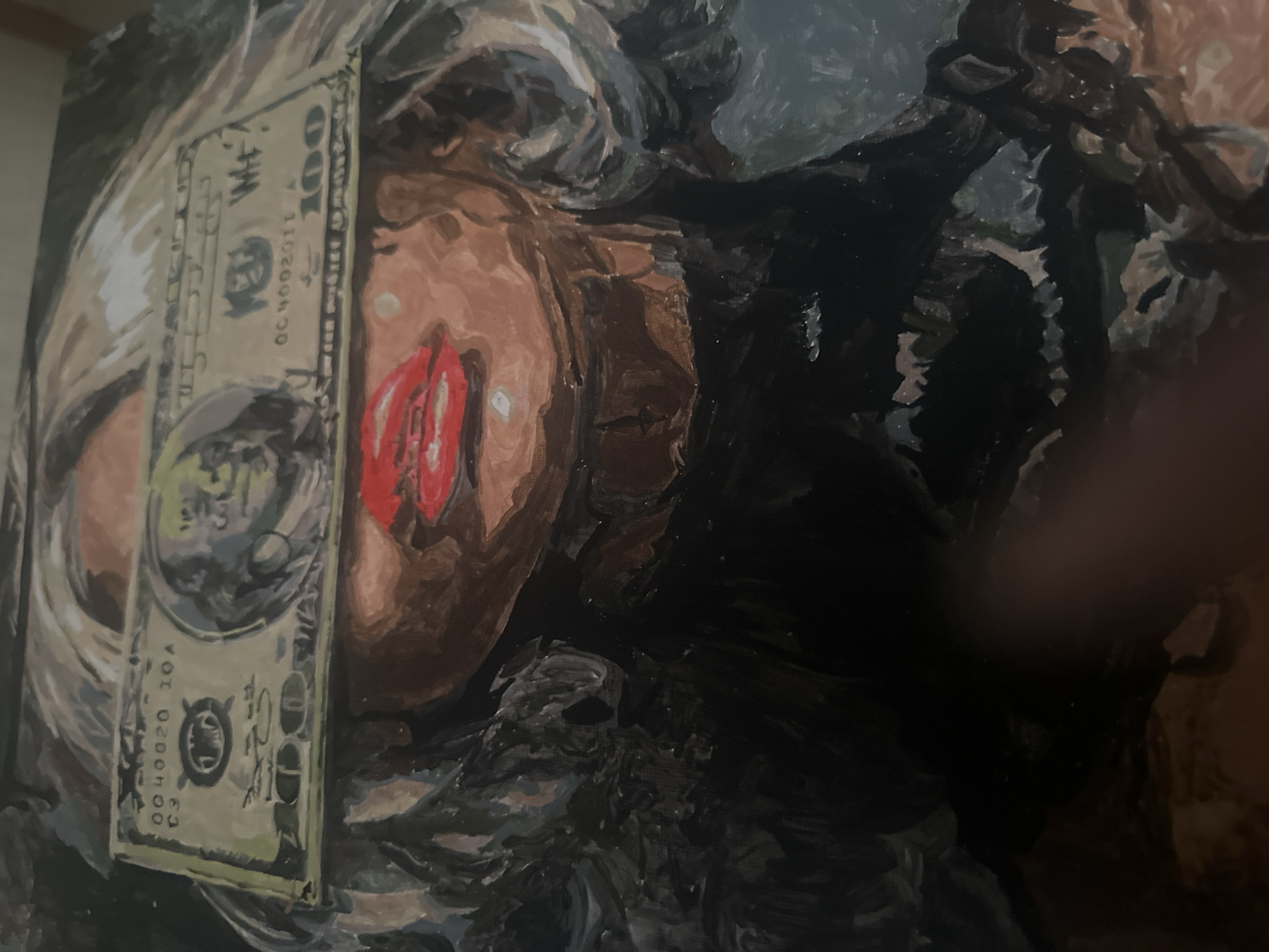 The image shows an artistic rendering of a woman's face partially obscured by a US $100 bill. The woman is lying down, and her face is turned to the side. Her lips are painted red. The $100 bill is positioned vertically, covering the left side of her face. The painting style is impressionistic. Location information is not discernible from the image.