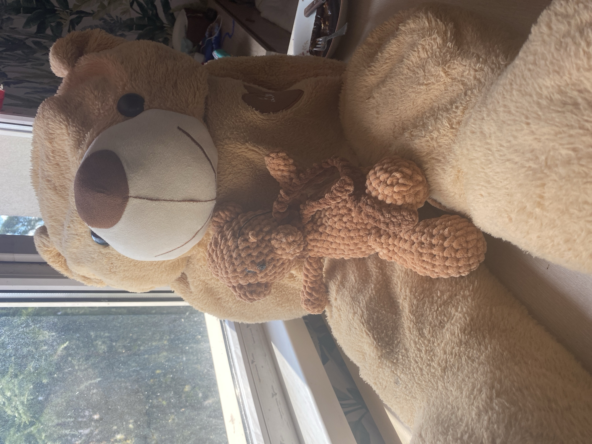 Two teddy bears are positioned on a windowsill with a view of trees outside. The larger bear is a light tan color, sitting upright, and facing forward with its head slightly turned to the left. It has a brown nose, black eyes, and a stitched smile. A smaller, crocheted teddy bear in a darker tan color is held by the larger bear, appearing to be embraced. The smaller bear is also facing forward. The windowsill is white and appears to be made of wood. In the background, beyond the bears, a wall with a floral pattern is visible. To the right of the larger bear, on a surface, is a plate with food and a fork. The lighting suggests it is daytime, with sunlight entering from the left. The scene does not contain any recognizable landmarks or features specific to the city of Blagoevgrad, Bulgaria.