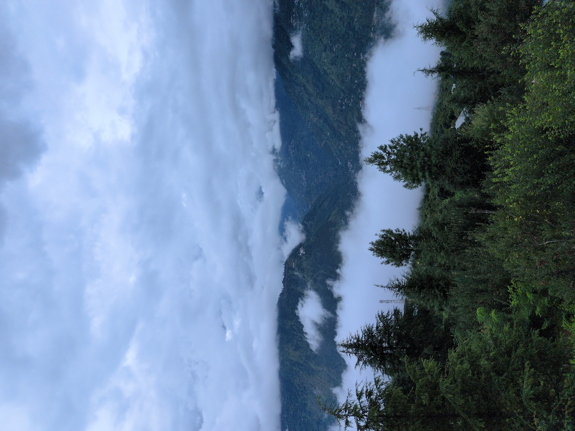 An overcast, moody sky looms over lush green mountains partially shrouded in thick white clouds in Kullu, India. In the foreground, dense evergreen trees and foliage create a verdant border. The middle ground features the layered, sloping hillsides of the mountain range, dotted with small clusters of buildings that suggest human habitation, and further obscured by swirling clouds. Tall, slender electrical pylons rise from the misty valleys, hinting at the infrastructure within this remote landscape. The overall impression is one of a serene, natural environment under a dramatic, cloudy sky.