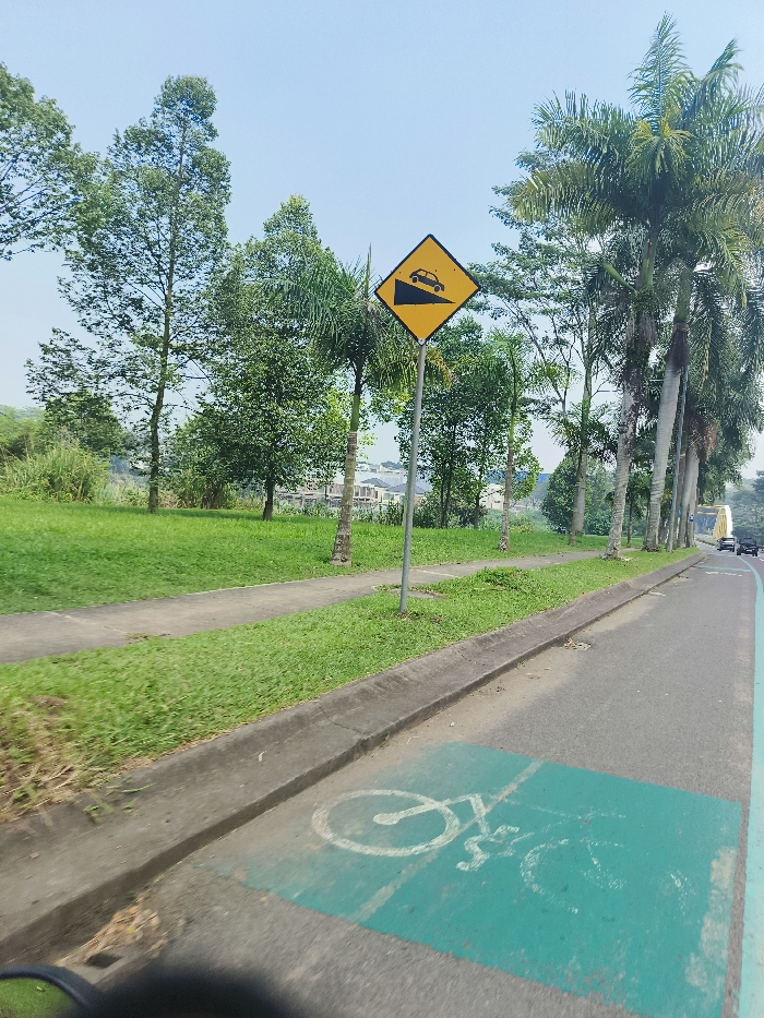 The image shows a street in Padalarang, Indonesia (latitude: -6.867, longitude: 107.472). A yellow warning sign is mounted on a pole on the right side of the street, indicating a steep descent. It has a black silhouette of a car on it. The street is paved and has a bike lane painted green with a white bicycle symbol. The right side of the road is lined with palm trees and other greenery, and a small green patch is present on the left, behind a concrete curb. A sidewalk is present on the left, but it is not visible in its entirety due to the camera angle. The street is empty with no vehicles or pedestrians present. The sky is clear and blue.