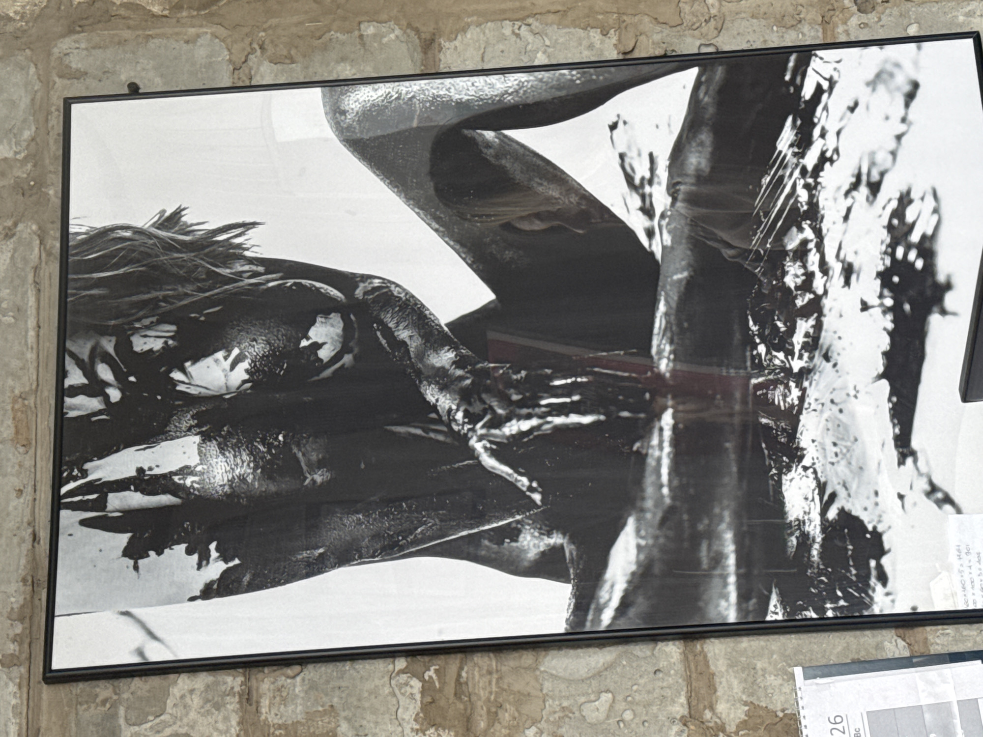 A black-framed, black-and-white photograph is displayed on a rugged, textured wall, possibly made of stone or concrete blocks with distressed plaster, in Chaikovsky, Russia. The photograph itself depicts what appears to be a human figure, or fragmented parts of bodies, heavily coated in a dark, possibly viscous or muddy substance. This material creates a highly textured, almost sculptural surface on the figure, which is set against a stark, bright white background.
The composition within the photograph is abstract and dynamic, with limbs seeming to intertwine or contort. Disheveled dark hair is noticeable on the left side of the frame. Strong reflections on the surface of the framed artwork obscure some details, hinting at indoor lighting conditions.
In the bottom right corner, a portion of a document or calendar page is visible, displaying the number "26" and the letters "Bc". Further up, within the reflection on the photograph's surface, faint handwritten text, including numbers and arithmetic operations (e.g., "x 3 =", "x 4 ="), can be discerned on another piece of paper. The photograph evokes themes of form, texture, and abstract representation of the human body, possibly through performance art or sculptural expression.