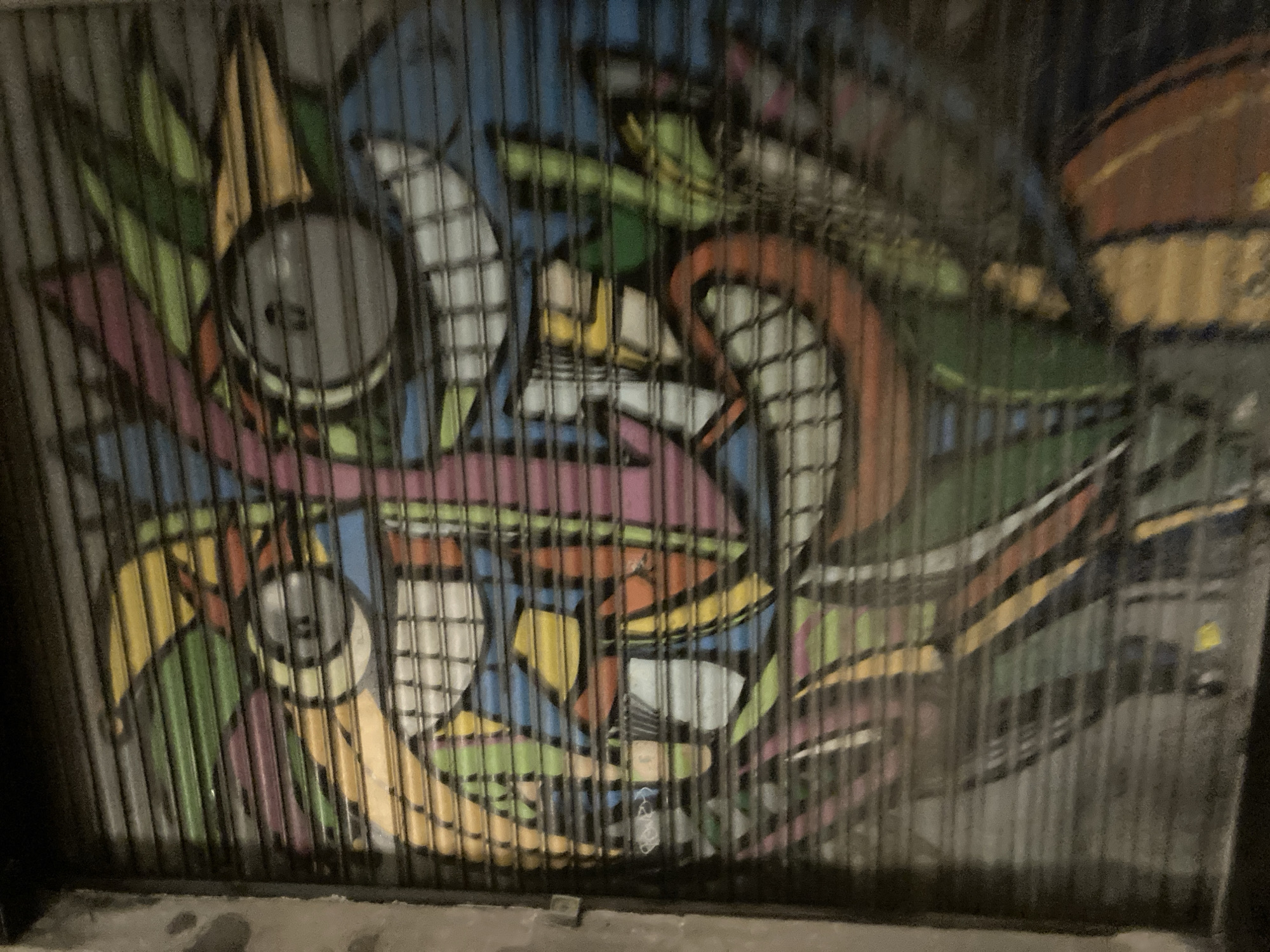 The image shows a close-up of a brightly colored graffiti mural painted on a metal roll-up security shutter. The mural depicts a stylized, cartoonish face with exaggerated features, including large, wide eyes, a prominent nose, and a wide grin with sharp teeth. The face is rendered in a vibrant palette of colors, including green, yellow, blue, pink, orange, and white. The horizontal lines of the shutter create a visual distortion across the artwork, breaking it up into segments. The background appears to be a dark, urban environment, possibly a street or alleyway, with a rough concrete wall visible on the left side of the image. The lighting suggests it might be nighttime or a dimly lit area. The overall impression is one of urban art displayed in a gritty, city setting. This graffiti is located in Barcelona, Spain, specifically on a shutter belonging to a business in the El Raval neighborhood.