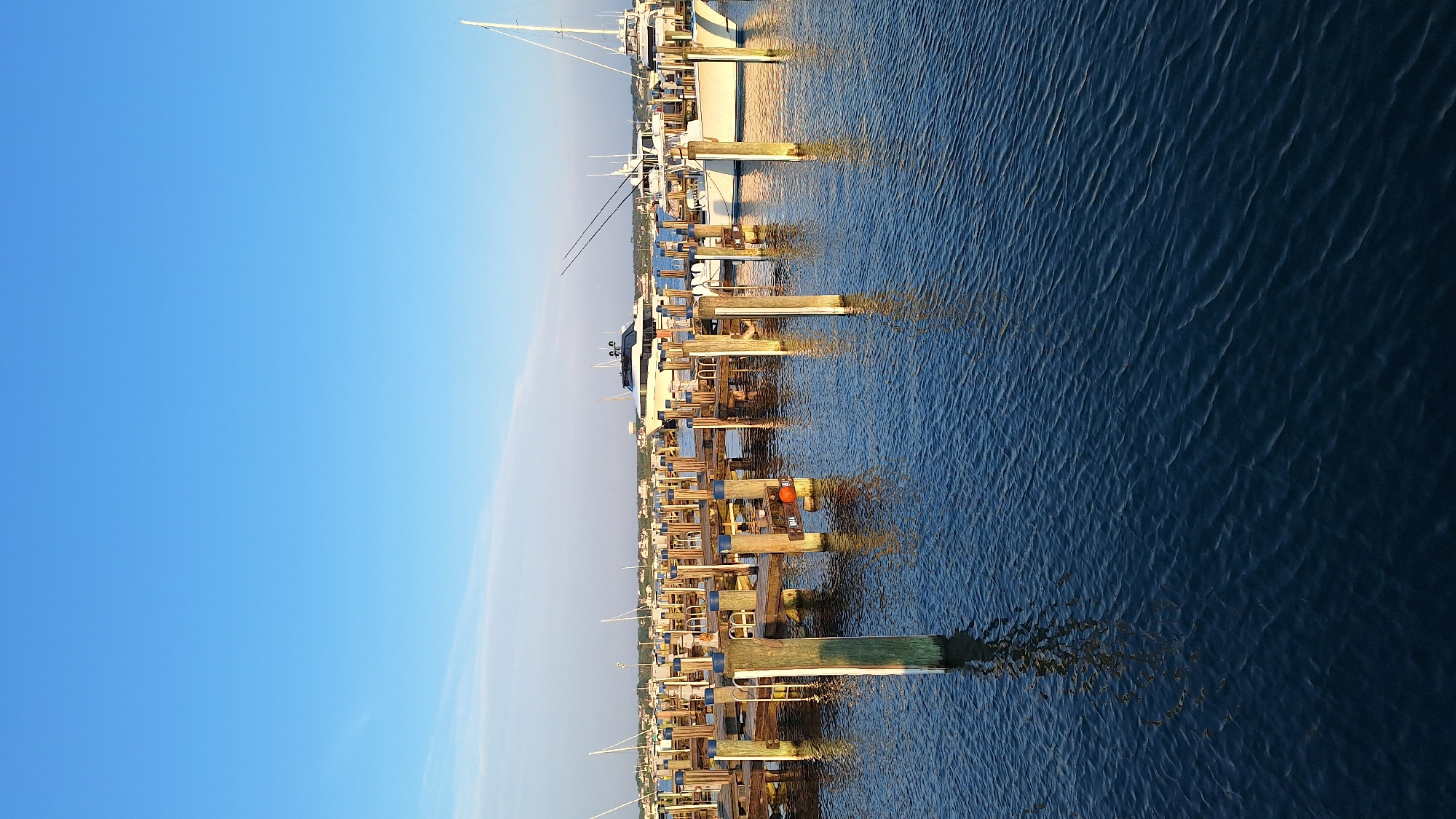 The image depicts a marina on Nantucket, Massachusetts, USA, under a clear blue sky. In the foreground, dark blue water is ruffled by a gentle breeze, reflecting the wooden pilings of a dock. The dock itself is composed of multiple wooden planks and posts, with some bearing blue caps. In the mid-ground, several boats are docked. A large white yacht with black trim is prominent, alongside other white vessels and sailboats with tall masts. The background shows a shoreline with buildings and trees. The lighting suggests it is late afternoon or early morning, casting long shadows. There are no people visible in the image.