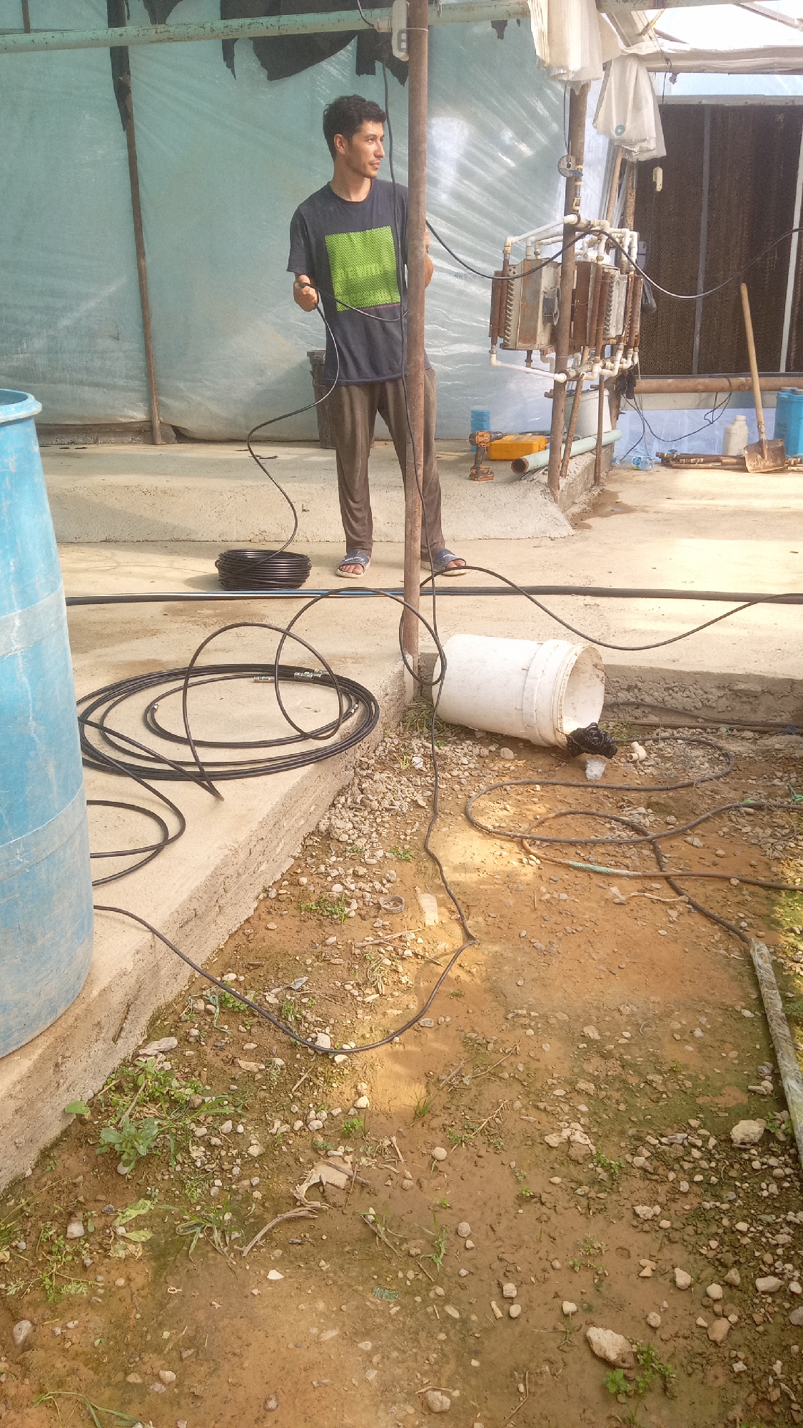 A man stands in a greenhouse, holding a black cable. He is wearing a dark t-shirt with a green graphic and brown pants. The greenhouse has a dirt floor and concrete platforms. There are several large blue and white barrels, coiled black cables, and a white bucket lying on its side. In the background, a large evaporative cooling system is visible. The scene appears to be in Salar, Uzbekistan.