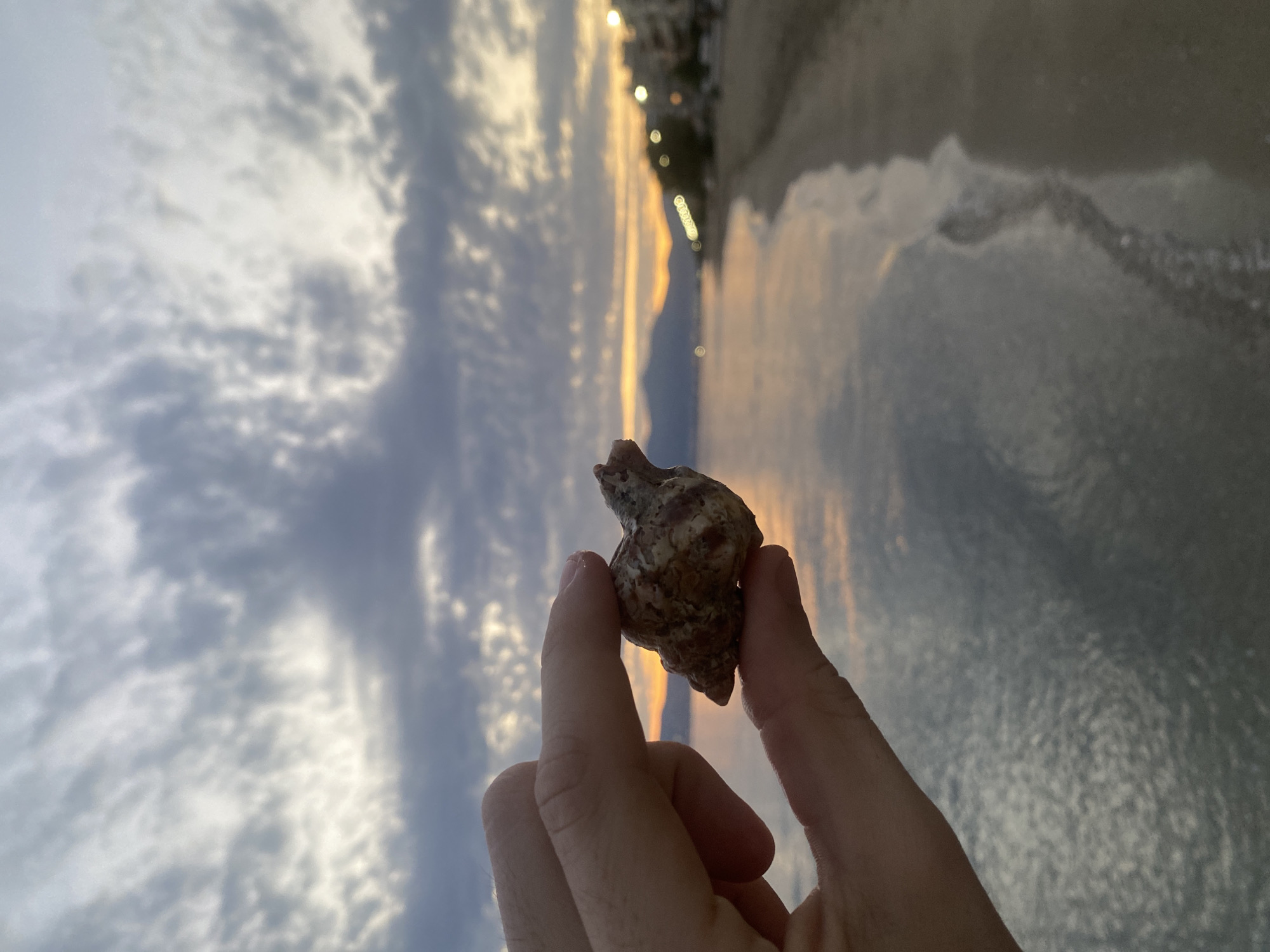 A person's hand holds a seashell in the foreground, with fingers obscuring part of the shell. The background shows a body of water, a beach, and a city skyline at sunset. The sky is filled with dramatic clouds, with streaks of orange and yellow light from the setting sun visible. The water reflects the colors of the sky. The beach is sandy, and there are buildings lining the coast. The location is identified as Neoi Epivates, Greece.