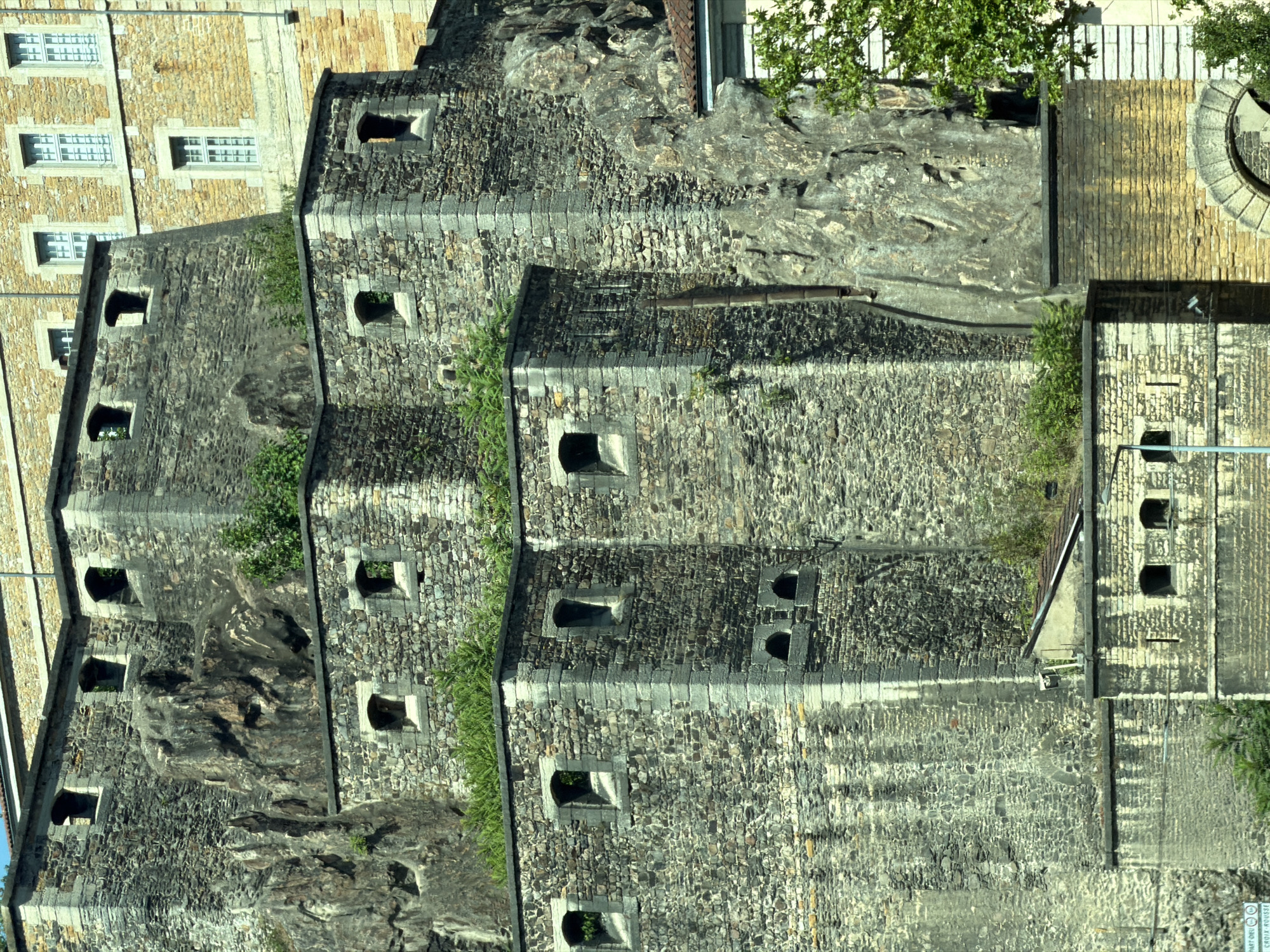 This image shows the Fort de la Duchère in Lyon, France. The fort is a historical military structure made of stone, built into a rocky hillside. It features multiple levels with small, rectangular windows or openings, characteristic of fortification design. Vegetation, including trees and shrubs, grows around and on the fort, indicating a natural, overgrown environment. The fort's architecture is rugged and imposing, with visible stone masonry and buttresses. The overall scene suggests a well-preserved historical site, likely a tourist attraction or a landmark. The lighting suggests daytime, with shadows indicating sunlight. There are no people or animals visible in the image.