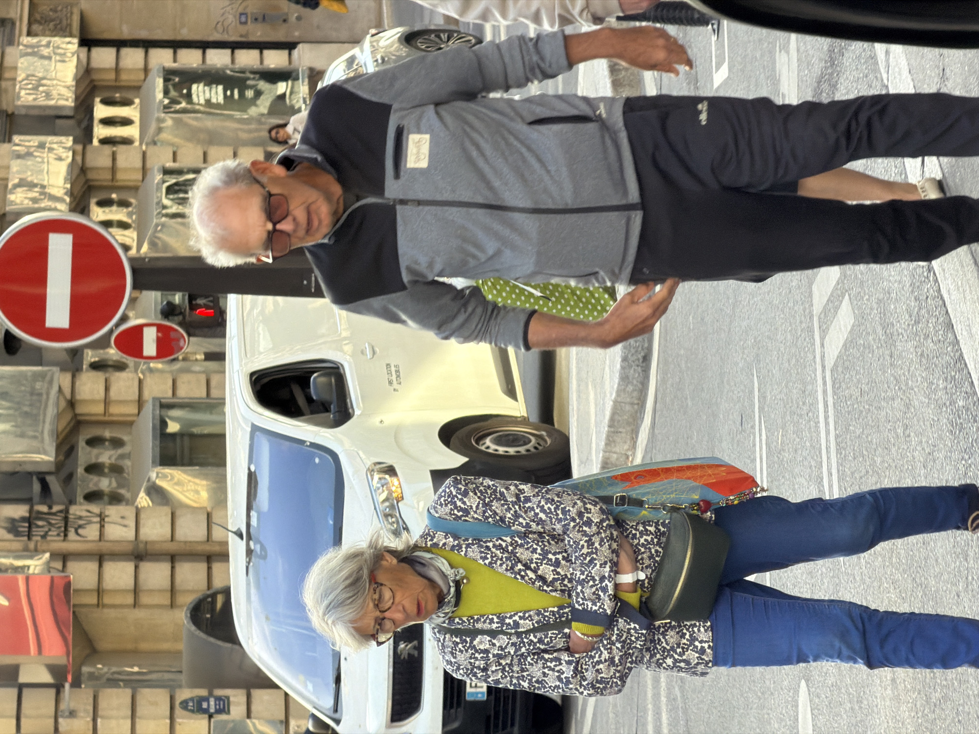The image captures a candid street scene in what appears to be Paris, France, featuring two older individuals on a bright, sunny day. The perspective is tilted, showing the subjects and background from a somewhat elevated angle.
In the foreground, an older man with short, gray hair and dark-rimmed glasses stands, looking directly at the viewer. He wears a grey and black zip-up jacket with a textured pattern on the grey sections and a small, light-colored patch on the left chest. His black trousers feature a white "Ellesse" logo on the left thigh.
Further into the scene, slightly to the right and lower, an older woman with short, gray hair and glasses is visible. She wears a colorful, floral-patterned jacket over a bright lime green top, blue jeans, and a dark green crossbody bag. A larger, brightly patterned bag with abstract designs is slung over her left shoulder. She appears to be looking downwards.
The background reveals a bustling city environment. A white Peugeot van is prominently parked or driving in the mid-ground. Text "FIRST LOCATION AUTOS" is partially visible on the side of the van. In the upper left corner, several "no entry" or "forbidden access" signs (red circles with a white horizontal bar) are visible, one large and one smaller. The surrounding buildings have reflective, possibly metallic, facades, suggesting modern architecture or ventilation systems. The ground is paved, indicating a street or sidewalk, with white markings visible. The strong lighting suggests it is daytime, likely mid-day, with clear weather.