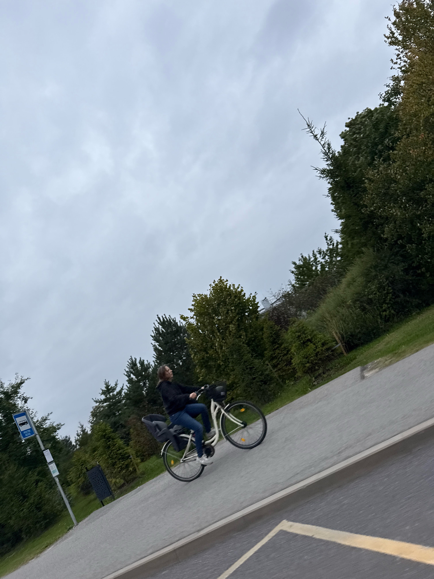 In Peetri alevik, Estonia, a person is riding a bicycle on a paved pathway next to a grassy area and a line of trees. The sky is overcast. The bicycle has a child seat attached to the rear. A bus stop sign is visible to the left of the pathway, and a trash receptacle is to the right of the sign. The scene is captured from a slightly low angle, with the pathway and a road with yellow markings in the foreground.