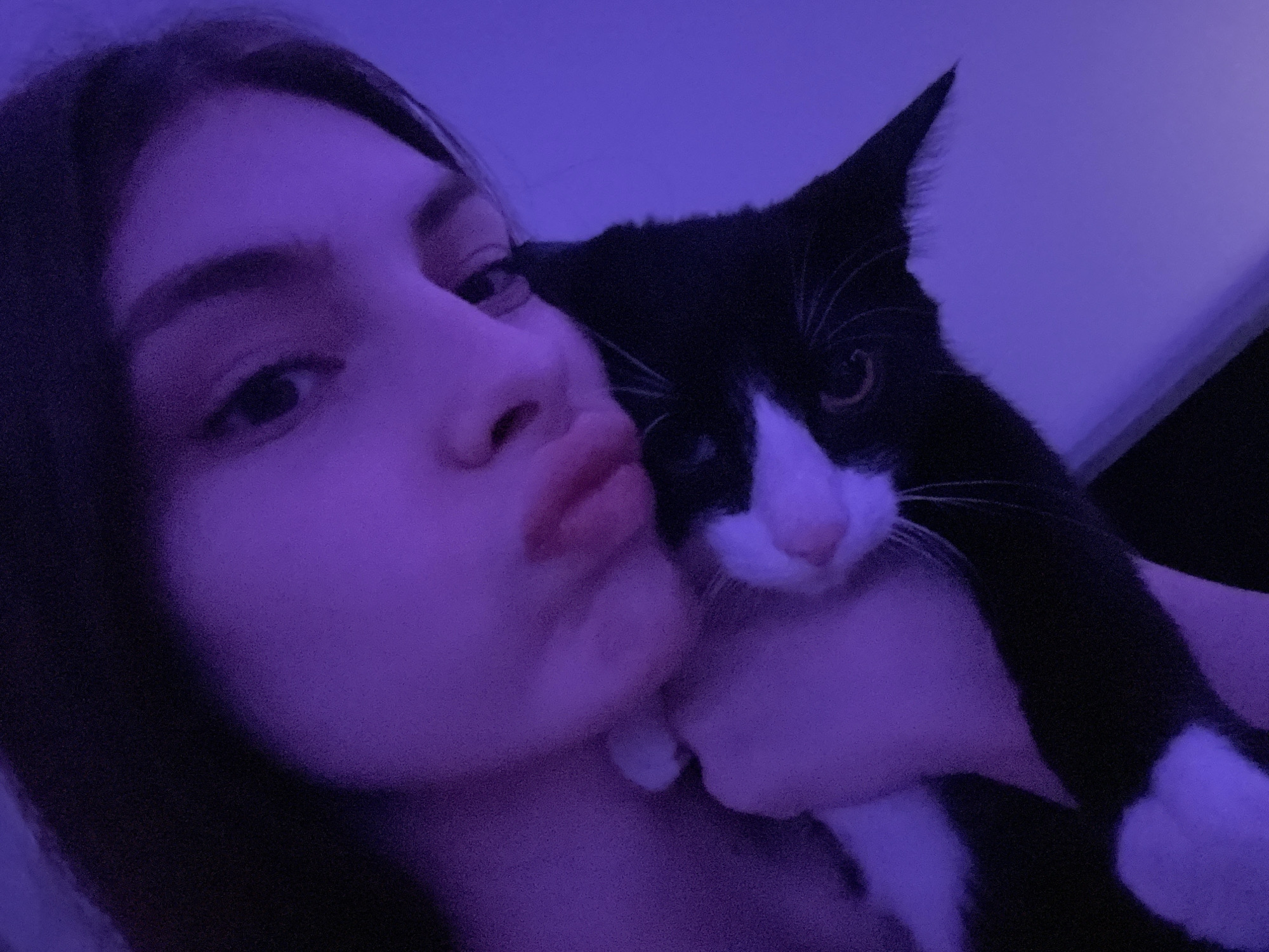 A young woman with dark hair holds a black and white cat close to her face, both figures illuminated by a strong blue or purple light source. The woman has pursed lips in a "kissing" expression. The cat has an attentive expression. The background is indistinct. There is no indication of Saint Petersburg, Russia.