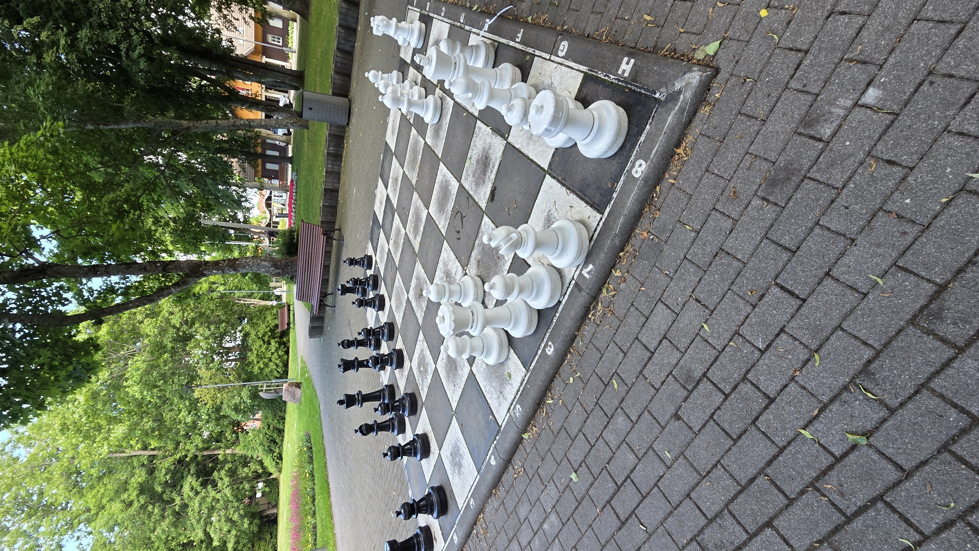 The image captures a life-size chess board set up on a paved area in a park, likely in Palanga, Lithuania. The chess board is positioned in the foreground, with black and white oversized chess pieces arranged on it. The white pieces are on the right side of the board, while the black pieces are on the left. The chess board and pieces are weathered, indicating they are outdoor furniture. The park setting includes lush green trees, a well-maintained lawn, and walking paths made of grey pavers. In the background, there are benches, a trash receptacle, and buildings that suggest a public space within a town or city. The overall impression is of an outdoor recreational area designed for leisure activities.