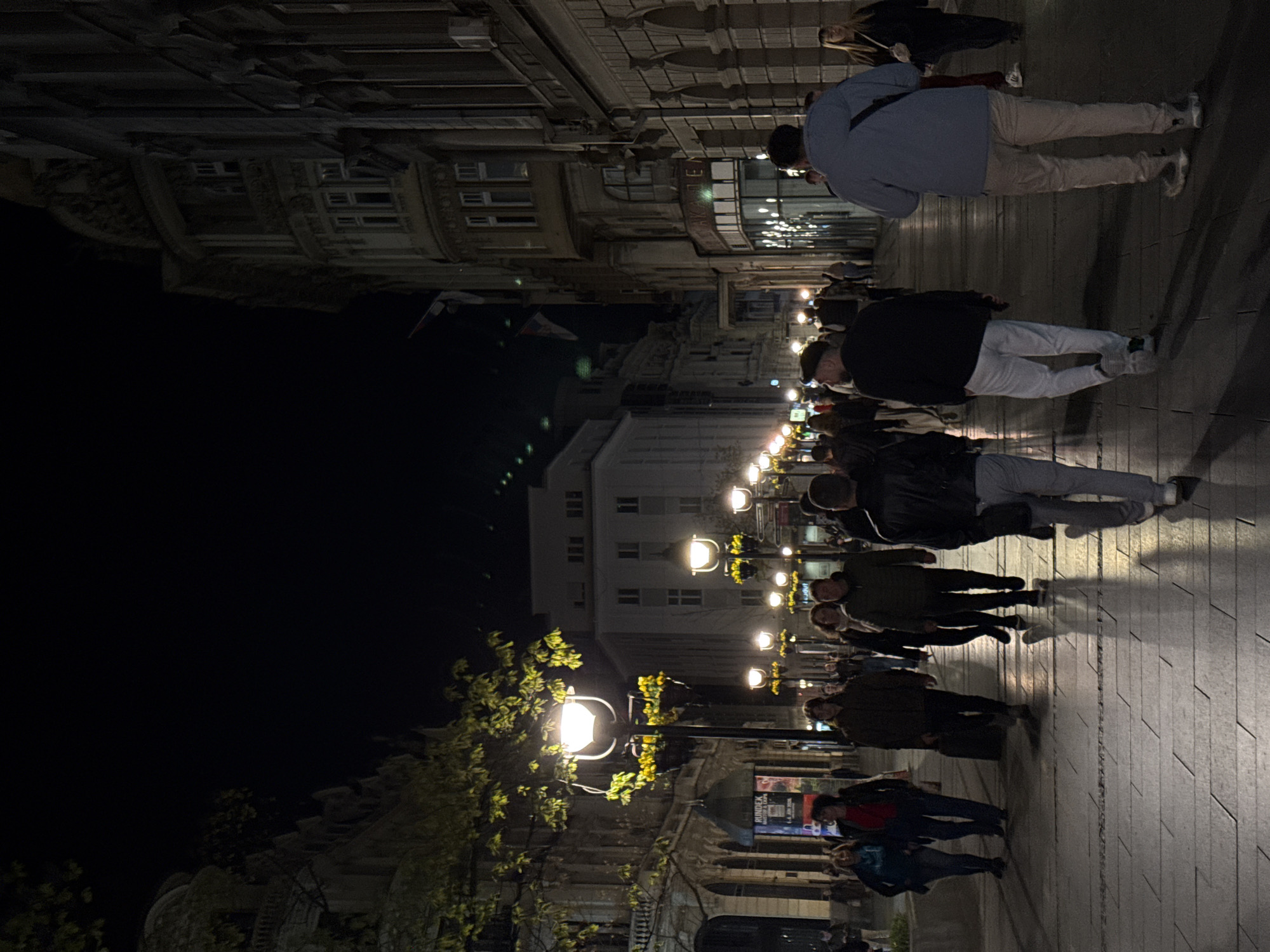 A nighttime urban scene depicts a bustling pedestrian street in Belgrade, Serbia, illuminated by decorative streetlights. A crowd of people stroll along the brick-paved walkway. Buildings line the street. The architectural style suggests an older European city center. A few trees with budding leaves are near the streetlights. Flags are hanging from buildings.