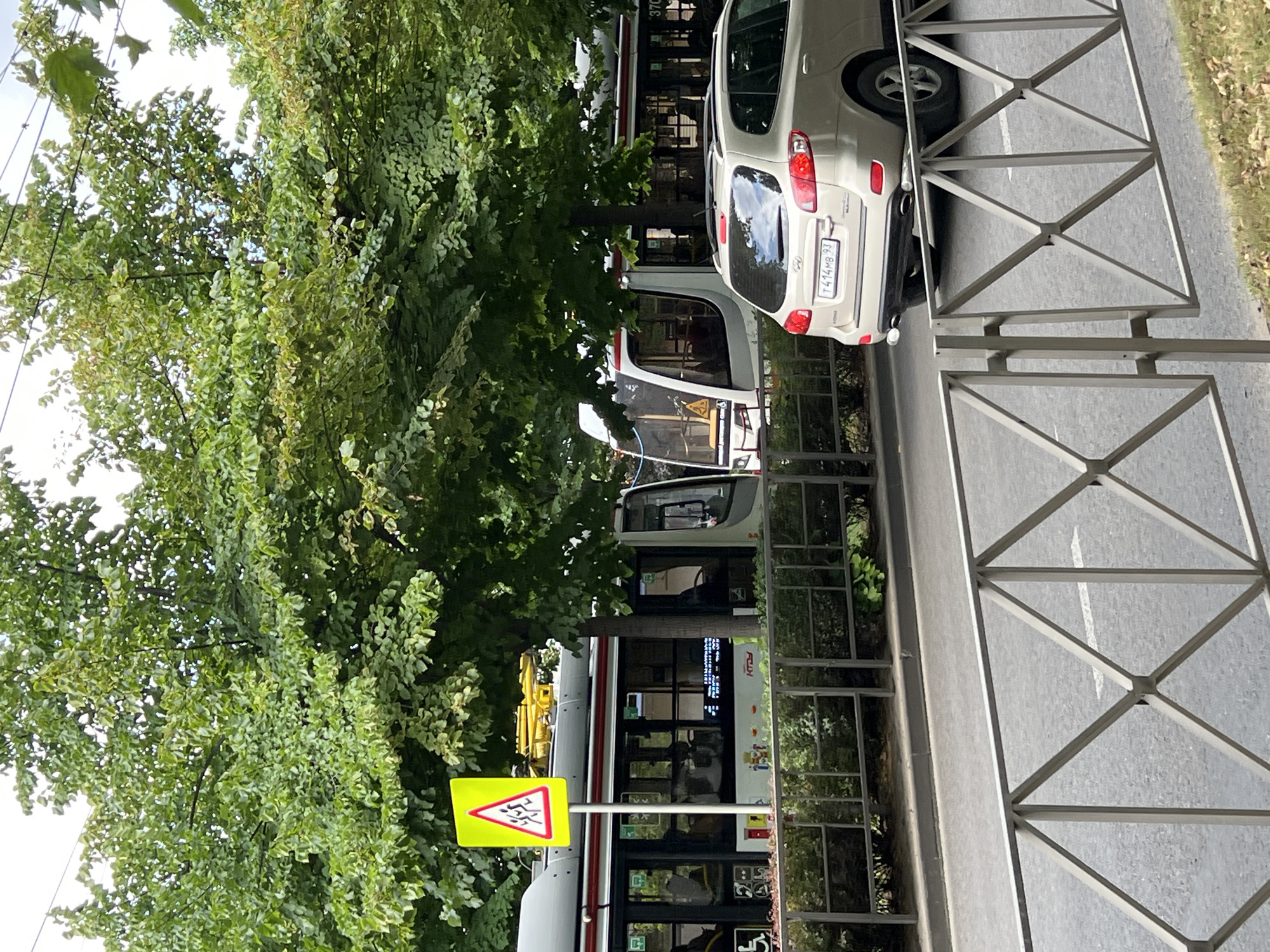 The image depicts a street scene in Krasnodar, Russia, on a cloudy day. In the foreground, a section of a light-colored metal fence with a diamond pattern separates the viewer from the street. Beyond the fence, a light-colored SUV, possibly a Hyundai Santa Fe, is parked on the right side of the road. Its license plate reads "T 414 MB 93". Behind the SUV, a modern white tram with red accents is visible. The tram has large windows, and a bright yellow sign with a red border and the symbol of children walking is mounted on a pole in front of it. The tram is surrounded by lush green trees with dense foliage. The tram tracks and overhead wires are also visible. A hedge runs along the side of the tram tracks. The background is dominated by the green canopy of the trees.