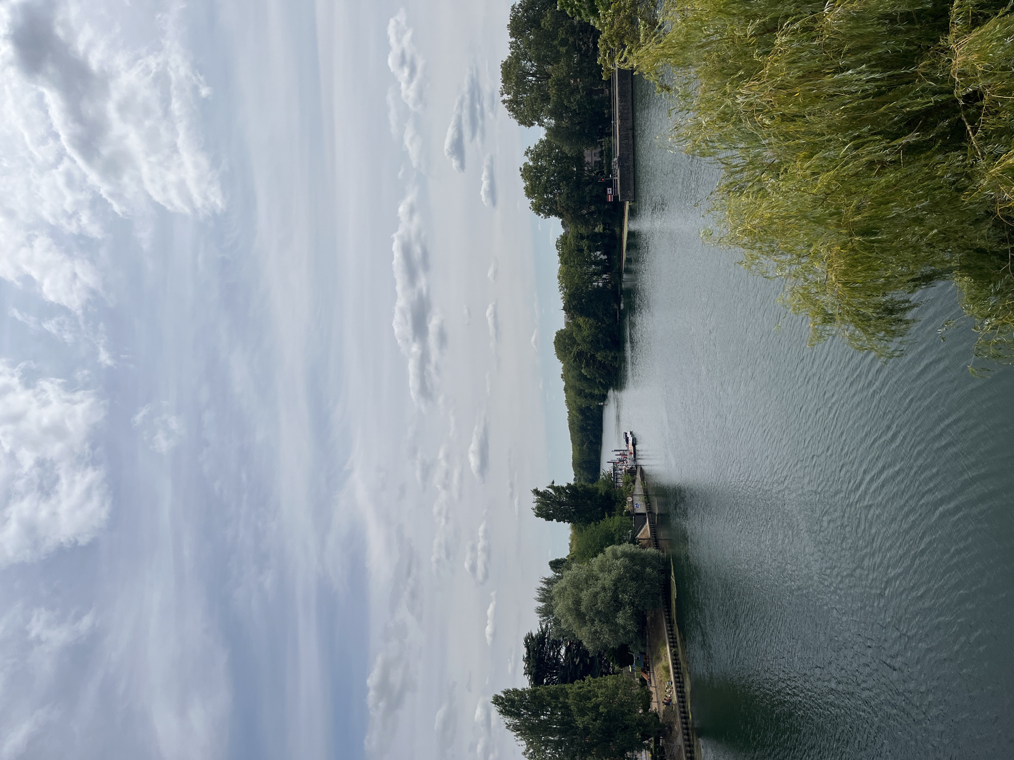 The image captures a wide river flowing through a lush green landscape under a cloudy sky. The river occupies the majority of the frame, with its surface rippled by a gentle breeze. On the left bank, a grassy area with trees and a small playground is visible, with several people relaxing near the water. Further along the bank, a few boats are docked, suggesting a recreational area. The right bank is densely lined with trees, creating a natural barrier. In the distance, the river narrows and appears to lead towards a dam or lock structure, indicated by a wall and a small building. The overall scene depicts a serene and natural setting within what is likely a suburban or semi-rural area. This specific view is from the Pont de Joinville, looking towards the Île Fanac and the Parc du Tremblay in Joinville-le-Pont, France.
