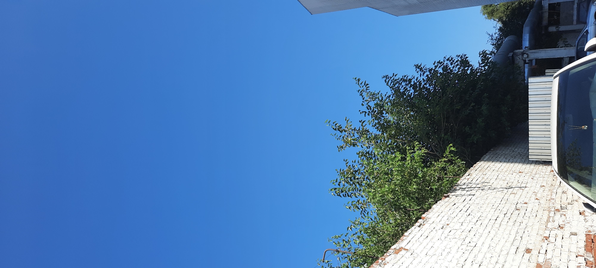 The image depicts an outdoor scene with a clear blue sky dominating the upper portion. In the lower half, a white brick wall, showing signs of wear and peeling paint, runs diagonally from the lower left towards the upper center. Lush green foliage from trees spills over the top of this wall. To the right of the wall and trees, a modern building with a light-colored, textured facade is visible. Below the foliage, industrial piping is seen supported by concrete structures. In the foreground, the roof and windshield of a white car are visible, with a small decorative item hanging from the rearview mirror. A silver car is parked behind the white car. The scene suggests an urban environment, possibly an industrial or commercial area within the city of Astrakhan, Russia, given the context. There are no people visible in the image.
