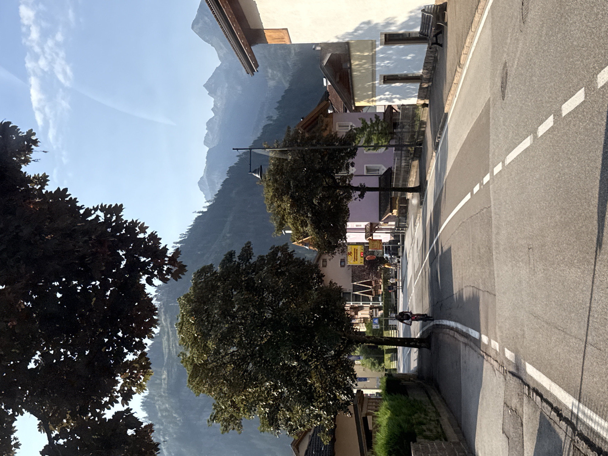 A wide shot captures a street scene in the town of Predazzo, Italy. The foreground features an asphalt road with white lane markings. A lone cyclist, wearing a dark shirt and shorts, rides a bicycle towards the viewer. To the left of the road is a paved sidewalk bordered by a stone wall and a well-maintained hedge. Further left, a large tree with dark green foliage dominates the mid-ground.
On the right side of the street, several buildings are visible. The closest building is a white structure with a dark roof and a wooden accent above a window. A dark wooden bench sits on the sidewalk in front of this building. Behind it, other houses with pitched roofs and light-colored facades line the street.
In the background, more houses are visible, including a pink building with dark trim and a building with a yellow facade. A streetlamp stands near the pink building. Beyond the town, the scene transitions to a mountainous landscape. Lush green forests cover the lower slopes of the mountains, which rise into jagged, misty peaks against a clear blue sky. The overall atmosphere is serene and sunny, suggesting a pleasant day in a mountainous Italian town.