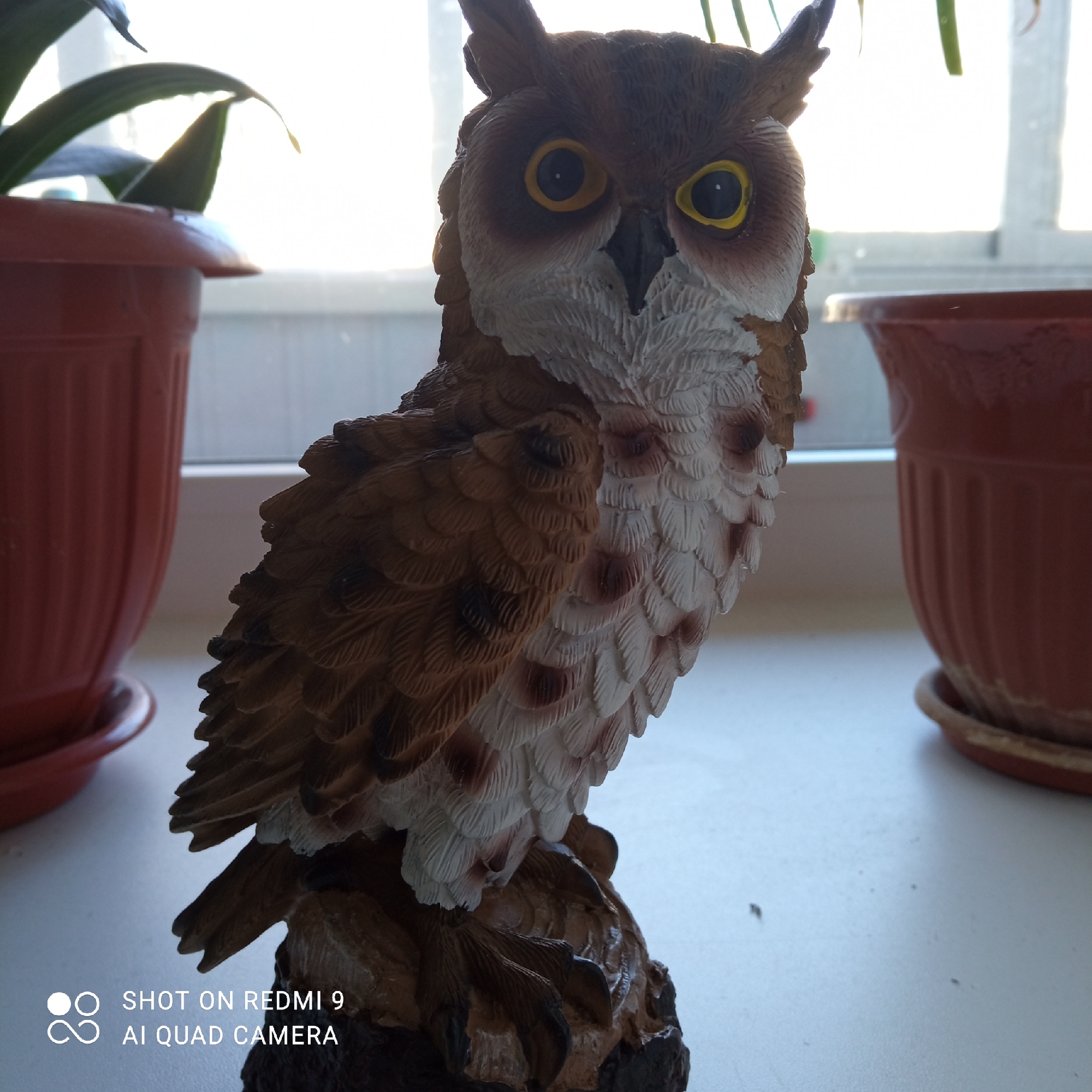 The image depicts an owl figurine standing on a windowsill. The figurine is primarily brown and white, with yellow eyes. To the left and right of the figurine are terracotta-colored flower pots, both containing plants. The background shows a window with bright sunlight. The image metadata indicates it was taken with a Redmi 9 AI Quad Camera. The location is not provided in the image and cannot be determined.