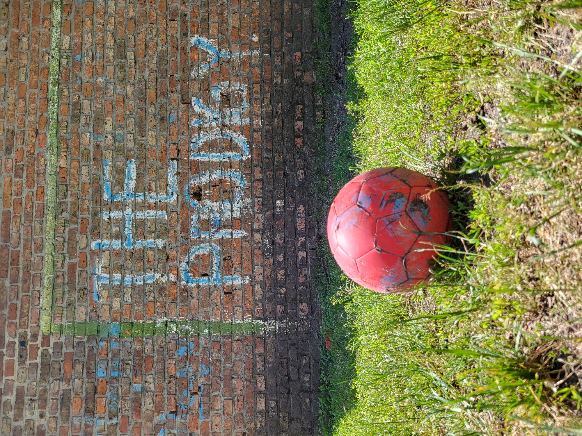 This is a vertical, high-angle shot of a weathered brick wall and a patch of grass. A red soccer ball, showing signs of wear and tear with scuff marks and faded blue accents, rests on the grass to the right of the wall. The brick wall has sections painted with blue and green markings, suggesting it might be part of a sports area. The grass appears somewhat dry and uneven in places, with some patches of bare earth visible.
Visible text in blue spray paint on the brick wall reads "FOOTBALL". There is also a vertical green stripe painted on the left side of the wall and horizontal green and blue stripes towards the bottom.
The lighting suggests it is daytime, with sunlight casting shadows and highlighting the textures of the bricks and grass. The overall impression is of an outdoor, possibly urban or semi-urban, setting where a game of football might be played. The scene feels slightly neglected but still holds the potential for recreation.