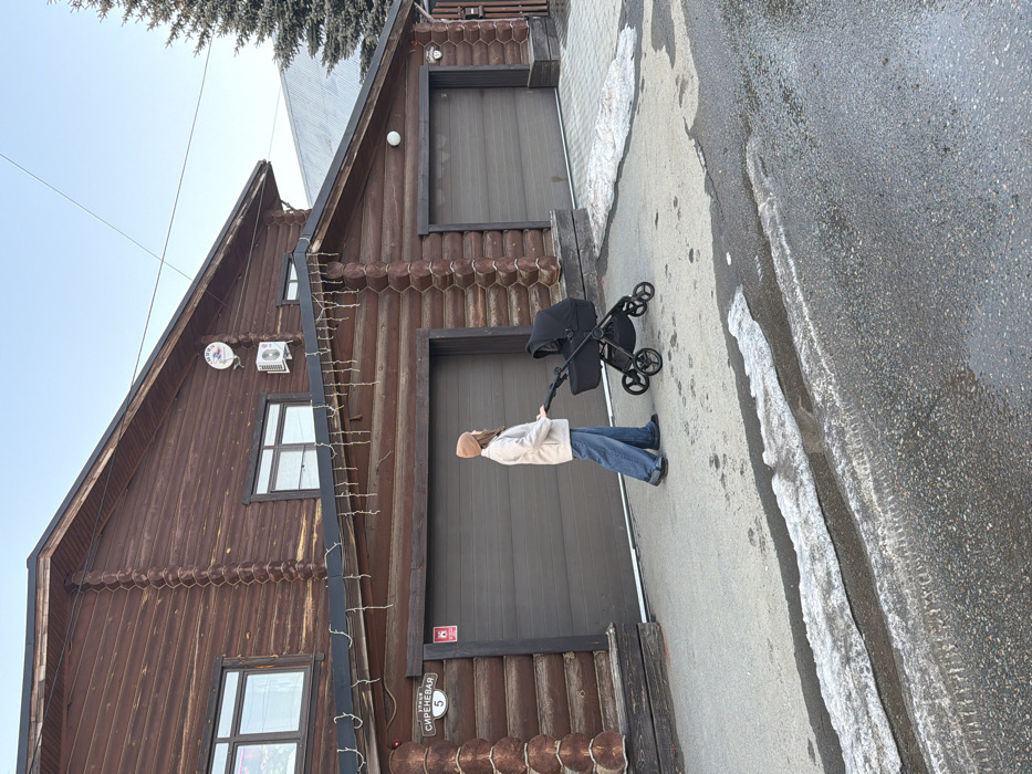 The image depicts an exterior view of Sirenevaya Street, House number 5, in Zelenaya Polyana, Russia. A large, two-story residential structure, constructed from dark brown logs, occupies the left and central portions of the frame. The house features two dark brown roll-up garage doors on the ground level, with multiple rectangular windows visible on both stories. A street sign displaying "СИРЕНЕВАЯ 5" is affixed to the log wall to the left of the left garage door. Decorative icicle-style string lights are strung along the roofline above the garages. An air conditioning condenser unit and a satellite dish are mounted on the upper story facade.
One individual, appearing female, is positioned centrally in the image, walking to the right. She wears a light-colored jacket, wide-leg blue jeans, dark shoes, and a light-colored beanie. She is actively pushing a black, six-wheeled baby stroller with a black canopy.
The ground consists of a concrete or paved sidewalk directly in front of the house, and an asphalt street in the foreground. Patches of melting snow and ice are present on both the sidewalk and the street, with some sections of the asphalt appearing wet. A large evergreen tree is visible on the far right, behind the house, and the sky is clear light blue.