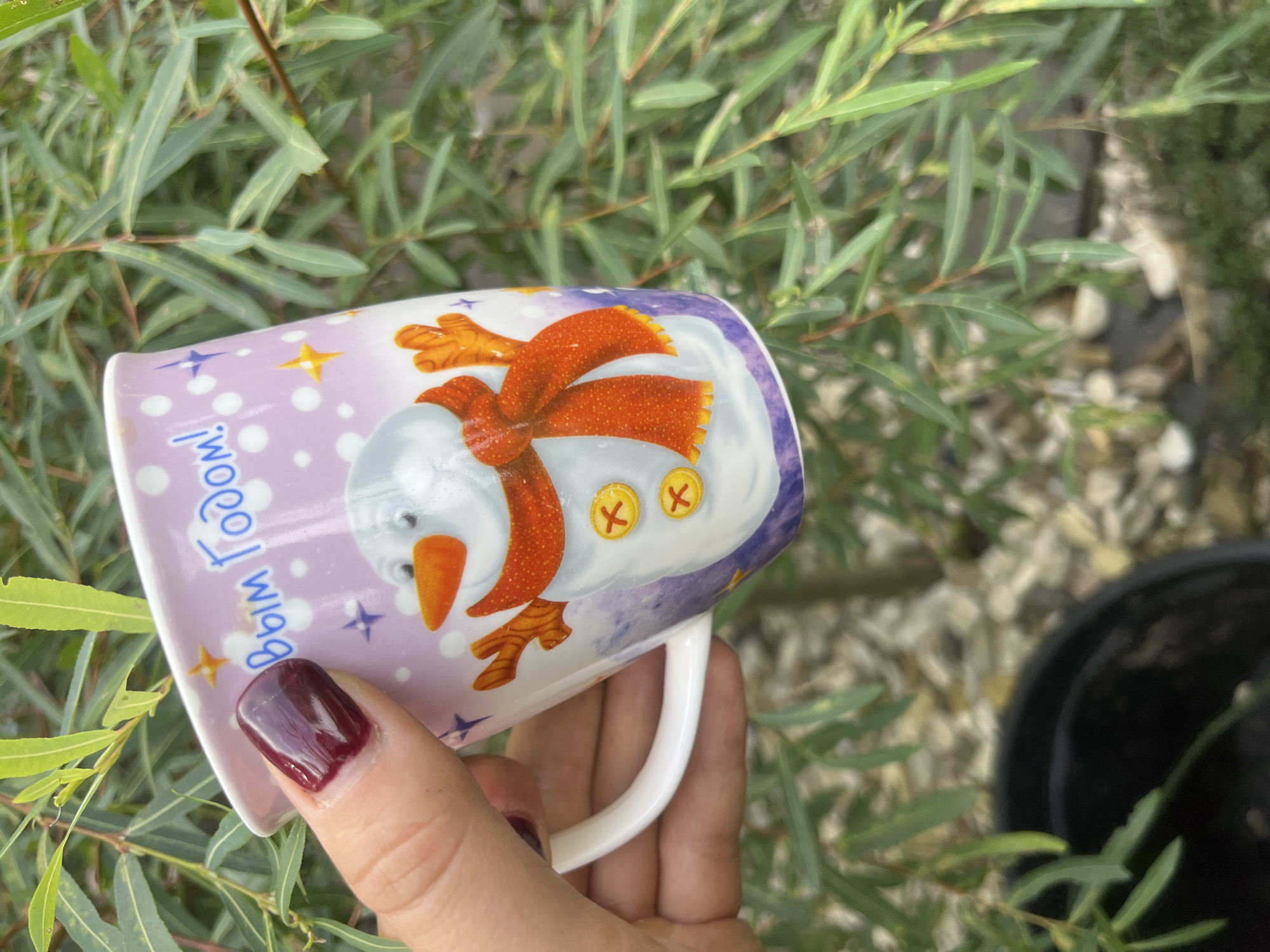 A person's hand with dark red nail polish holds a light pink ceramic mug featuring a cartoon snowman with an orange scarf and two yellow buttons. The mug has text that appears to be "С Новым Годом!" (Happy New Year!) in blue lettering and is decorated with polka dots and stars. The background consists of green leafy branches and blurred gravel. The location in Дзямідавіцкі сельскі Савет, Belarus, is not discernible from the image.
