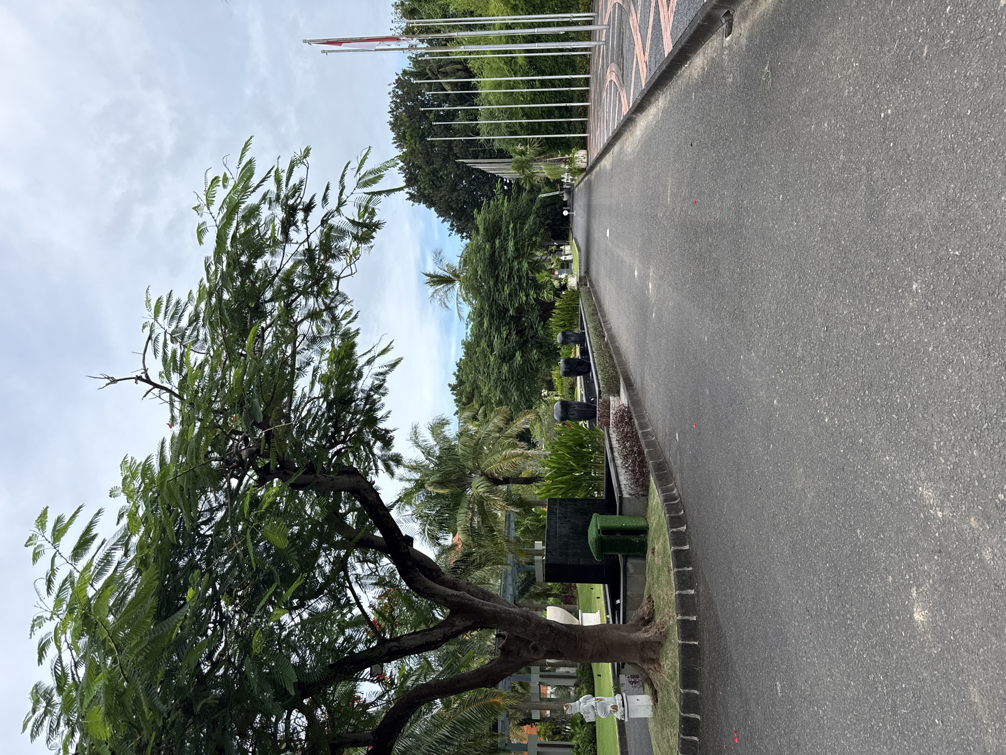 The image shows a paved road bordered by a manicured green space and a tree in Nusa Dua, Indonesia. Along the edge of the road are multiple flagpoles, some of which are flying flags. Lush tropical trees and vegetation are visible in the background. A grave and statue are visible on the grass along the road. The sky is overcast with scattered clouds.
