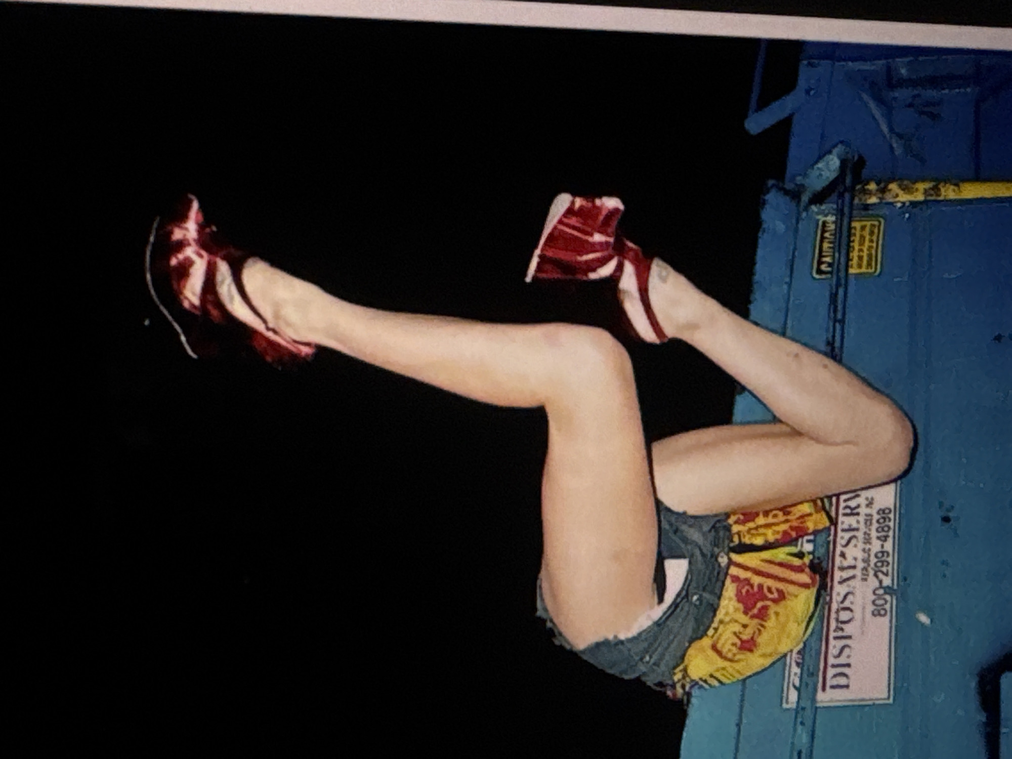 A low-angle, dimly lit photograph captures the lower half of a person, seen from the waist down, positioned inside a blue dumpster. The individual is wearing denim shorts and red high-heeled sandals. Their legs are contorted in a way that suggests they are either partially or fully submerged in the dumpster. The background is predominantly black, indicating it's nighttime or the scene is set against a dark backdrop. A label on the side of the dumpster reads "DISPOSAL SERVICES" and provides a phone number. There is also a yellow "CAUTION" sticker visible on the dumpster. The scene appears to be in an urban or industrial setting, given the presence of a dumpster.
