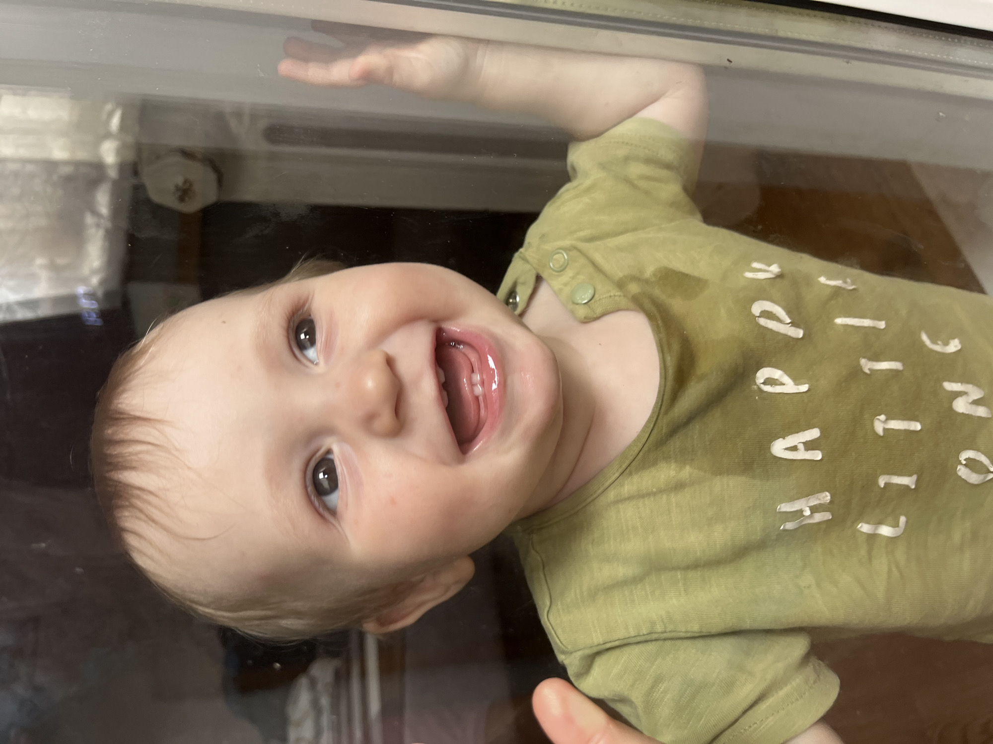 An infant or toddler with fair skin and light brown hair is positioned behind a transparent, reflective surface, likely a pane of glass. The child is smiling broadly with an open mouth, revealing two lower incisors and two upper incisors. A significant wet patch, consistent with drool or a liquid spill, is present on the front of the olive green, short-sleeved t-shirt below the chin. The t-shirt features white, slightly raised text that partially reads "HAPPU LITTLE ONE," with the 'Y' in 'HAPPY' being obscured or missing. Two light green snap buttons are visible on the child's left shoulder. The child's hands are pressed against the transparent surface, one visible on the far left edge and the other on the far right. The child's dark eyes are directed upwards and slightly to the viewer's right.
Through the reflective glass, a dimly lit indoor background is visible. This background includes dark, indistinct forms, possibly furniture, and some lighter, blurred areas that could be walls or curtains. In the upper left background, faint, glowing blue numbers or text, possibly from a digital display, are reflected. To the upper right, a small, circular, light-colored object with a darker center is visible, highly blurred by the glass's reflective properties. A vertical white frame element runs along the far right edge of the image, indicating the boundary of the transparent surface. The image contains no visual information to ascertain a specific geographical location, including the city of Noviy, Russia.