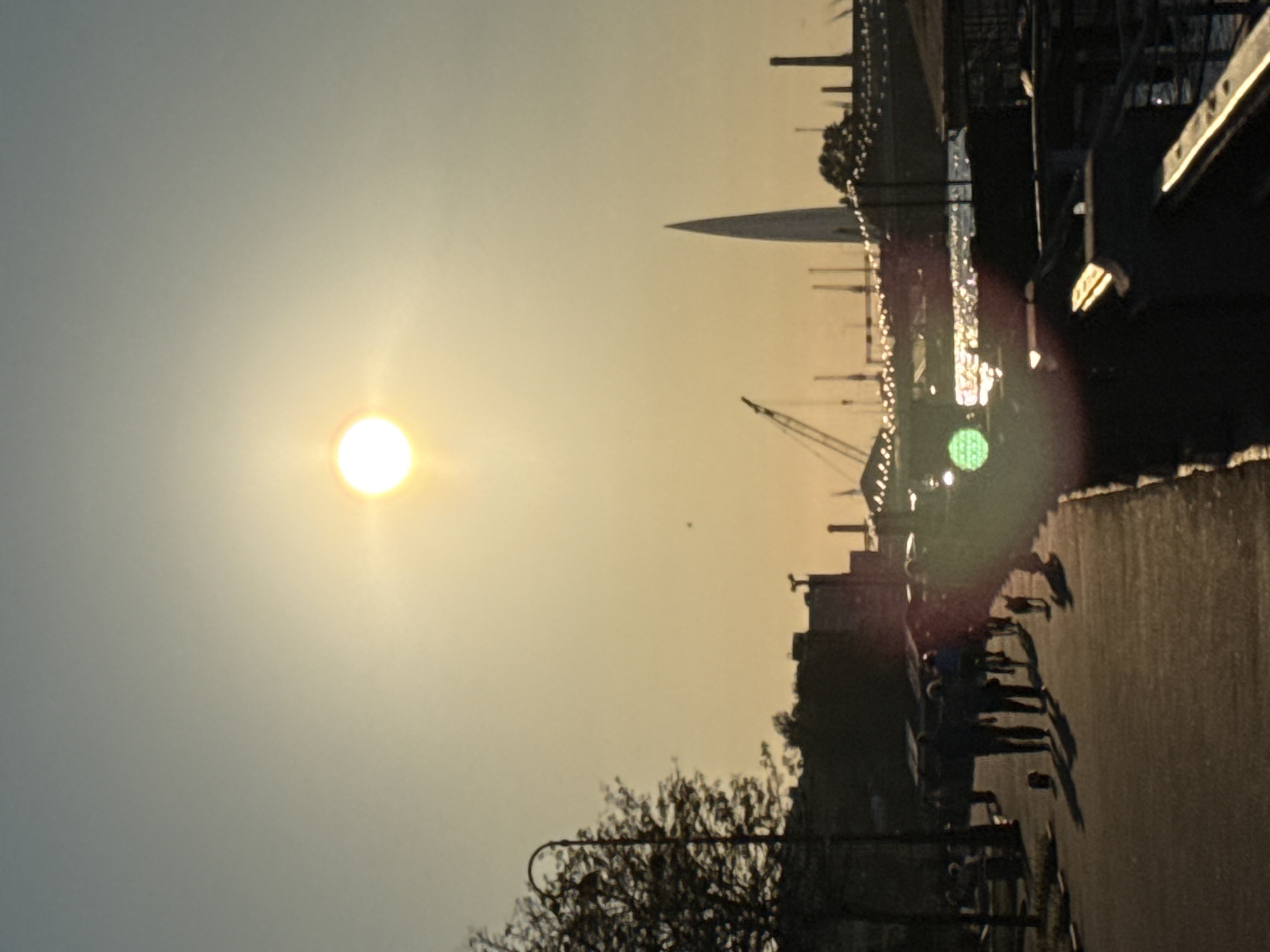 The image depicts a waterfront promenade in Saint Petersburg, Russia, at either sunrise or sunset, with the sun positioned centrally in the upper frame, causing significant backlighting and lens flare. The distinct spire of the Lakhta Center is visible as a tall, slender silhouette against the horizon on the right. To its left, various industrial cranes and structures are also silhouetted.
In the foreground and midground, a paved pathway stretches from the left to the center-bottom. Several individuals are present on this path, rendered in dark silhouette due to the intense backlighting. From left to right: a small, dark object or animal is near the left edge; two adult figures walk in tandem; a person on a bicycle moves towards the right; and a dog walks ahead of the cyclist. Elongated shadows of these figures extend towards the viewer. A street lamp and sparse tree foliage are visible on the far left.
To the right of the pathway, a body of water exhibits strong reflections and bright lens flare, creating sparkling light effects. The edge of a pier or railing is partially visible on the far right. The sky transitions from a bright, warm yellow and orange around the sun to a desaturated blue-grey in the upper left. Green and reddish-orange circular lens flares are prominent in the lower right quadrant of the image.