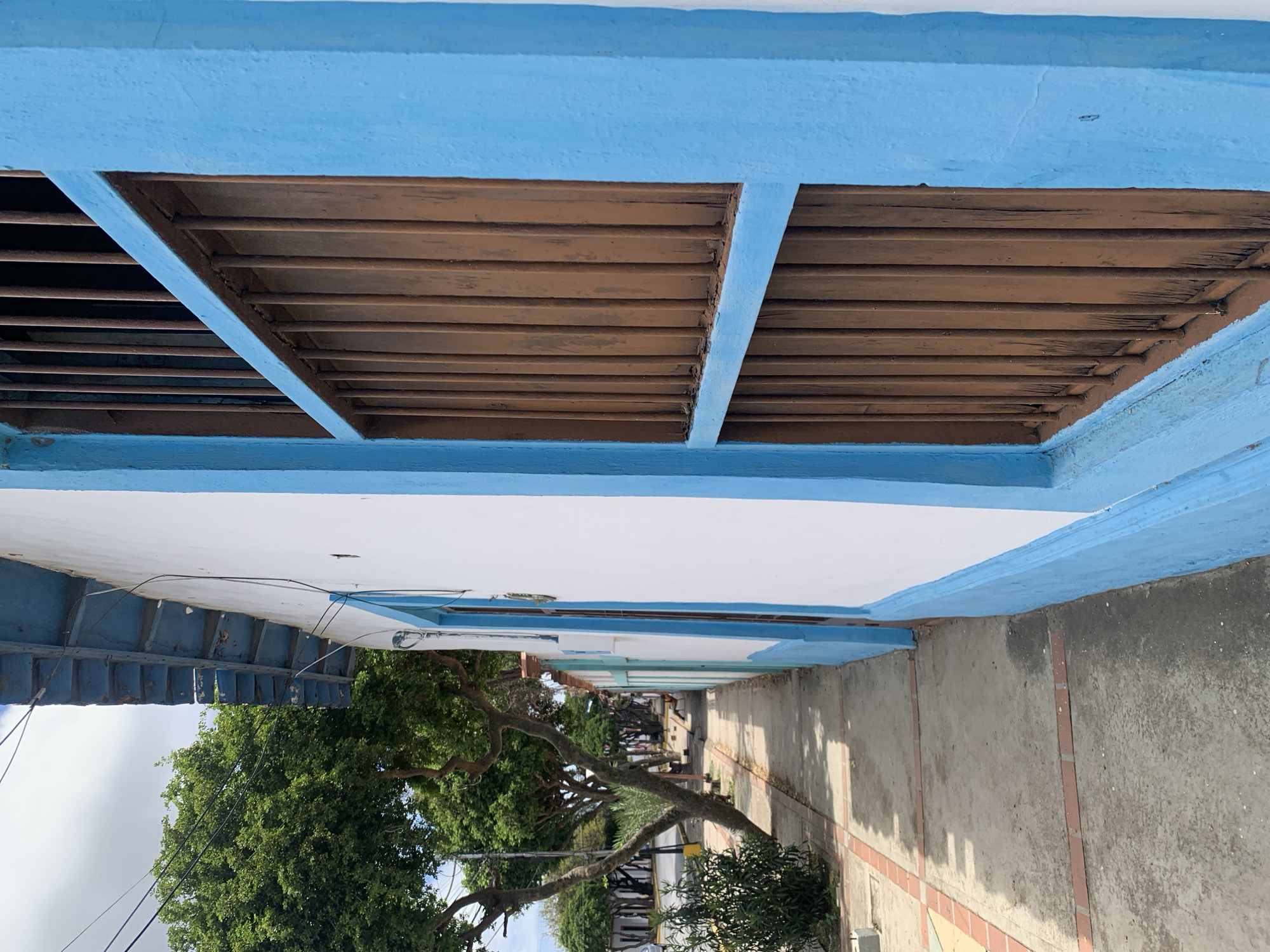 The image depicts a street scene in Santa Ana, Venezuela, characterized by a brightly painted blue border on a building. The perspective is from a low angle, looking up at the building's exterior. The upper portion of the image shows wooden louvers set into the blue-painted structure, suggesting an architectural detail for ventilation or light. Below this, a white wall forms the facade of the building.
The lower part of the image opens up to a street view. A large, mature tree with spreading branches dominates the left side, its green foliage contrasting with the man-made structures. The tree appears to be on a sidewalk, which is paved with concrete and interspersed with brickwork. The street itself recedes into the distance, lined with more buildings and trees, indicating a residential or commercial area.
The lighting suggests it is daytime, possibly morning or afternoon, with shadows cast on the ground. The weather appears to be fair, with some clouds visible in the sky. The overall impression is one of a typical day in a somewhat weathered but colorful urban environment. There is no visible text in the image.
