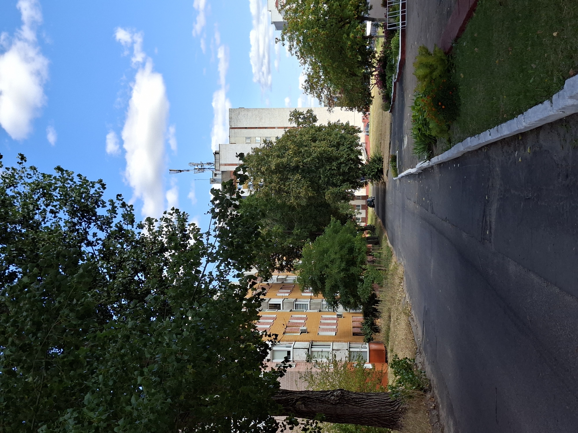 The image depicts a street scene in Mazyr, Belarus, characterized by residential buildings, mature trees, and a clear blue sky with scattered white clouds. In the foreground, an asphalt road runs through the scene, flanked by a concrete curb. To the left of the road, a large tree with dark bark and dense green foliage dominates the view, partially obscuring an orange-colored apartment building with white-framed windows. The building exhibits balconies and what appear to be satellite dishes or antennas on its upper levels.
To the right of the road, there is a well-maintained lawn with flower beds featuring colorful blooms and green shrubs. Another apartment building, taller and lighter in color, is visible further down the street, also with antennas on its rooftop. Trees line the street, creating a canopy that dapples the road with shade. A dark-colored car is parked in the distance, near a cluster of trees. The overall impression is that of a residential area in a town or city, likely during daylight hours given the bright sky.