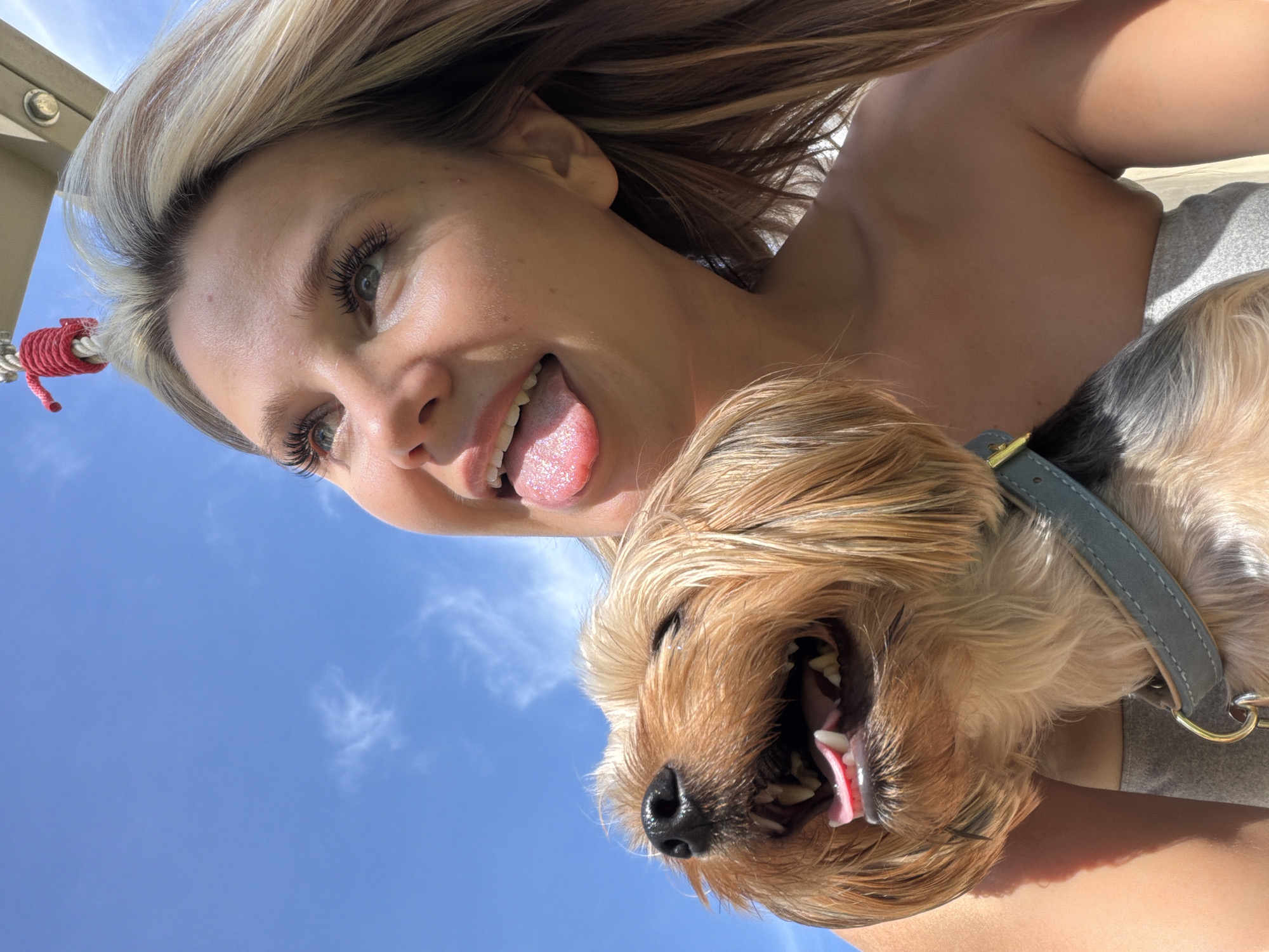 A medium shot captures a fair-skinned young woman with blonde hair and a tan, holding a small Yorkshire Terrier. The woman is looking up and to her right, with her tongue sticking out, which has glitter on it. She is wearing a grey strapless top. The dog is looking up and to its left, with its mouth open, revealing its teeth and tongue. The dog is wearing a blue collar. The background is a bright blue sky with a few wispy white clouds and the edge of a wooden structure overhead. The image appears to have been taken outdoors on a sunny day. There is a red rope hanging from the wooden structure in the upper part of the image.