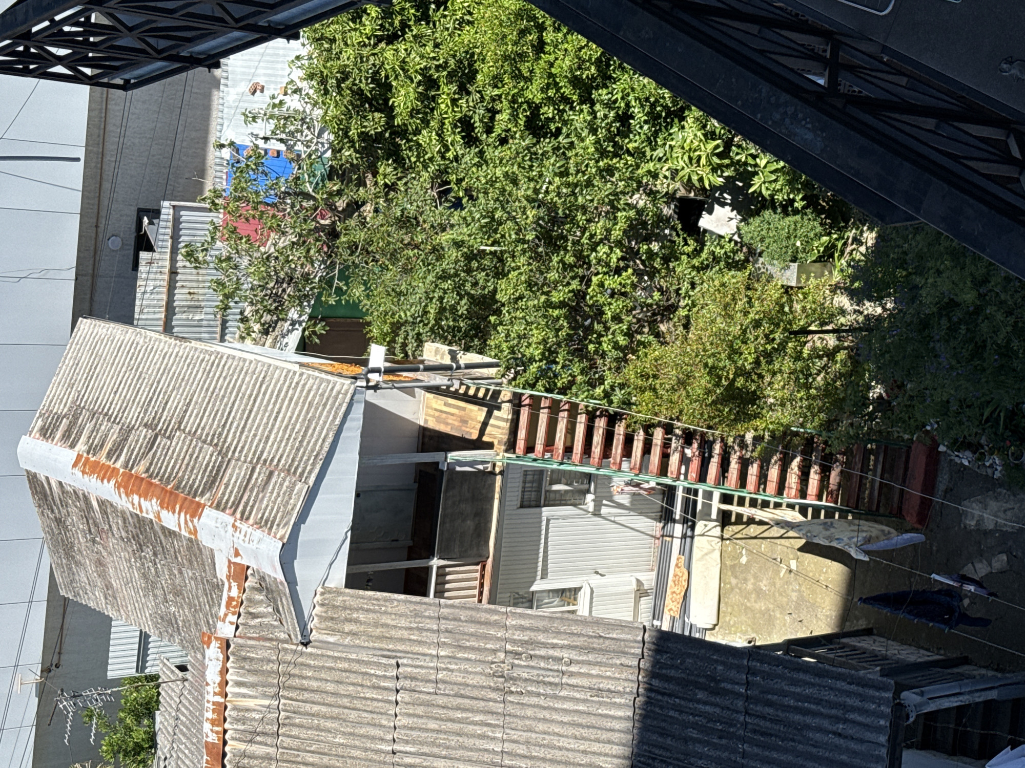 The image shows an overhead view of a cluttered outdoor area in Sochi, Russia, characterized by multiple structures with corrugated metal roofs, an exterior staircase, and dense vegetation. A weathered, multi-pitched roof with visible rust and white paint marks is prominent in the upper left quadrant. Adjacent to it, a lighter-colored, sloped roof covers a structure with an open doorway and what appears to be a balcony or upper floor accessible by an external metal staircase. The staircase has red treads and green railings. Below the staircase, a small courtyard area is visible, with laundry hanging on a line, including dark-colored clothing and patterned fabrics. To the right of the staircase, a dense cluster of lush green trees and bushes fills a significant portion of the scene, obscuring some of the background structures. Behind the trees, more corrugated metal fencing and walls are visible, along with glimpses of colored panels (red and blue) and building exteriors. The overall impression is one of a lived-in, slightly dilapidated urban or semi-urban environment with a strong presence of nature.
