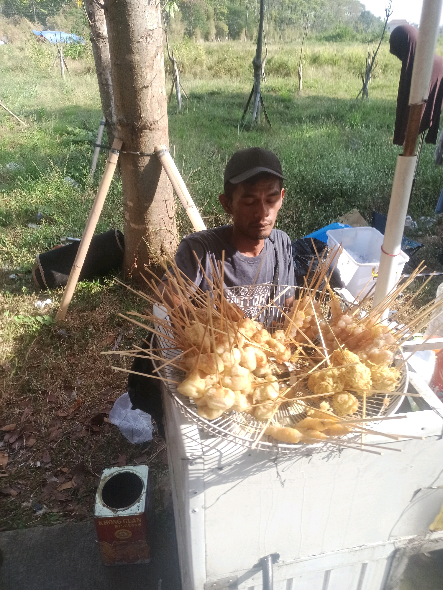 In Telagamurni, Indonesia, a man wearing a dark baseball cap and a grey t-shirt sits behind a food cart laden with skewered fried snacks. The snacks, some spherical and others elongated, are arranged on metal skewers and displayed in a tiered wire basket. To the left of the man, two trees are supported by bamboo poles. The ground is covered with dry grass and fallen leaves. Behind the food cart, a white cooler and a black cylindrical object are visible. The overall scene is outdoors, with a grassy field and trees in the background, suggesting a roadside or open area setting.