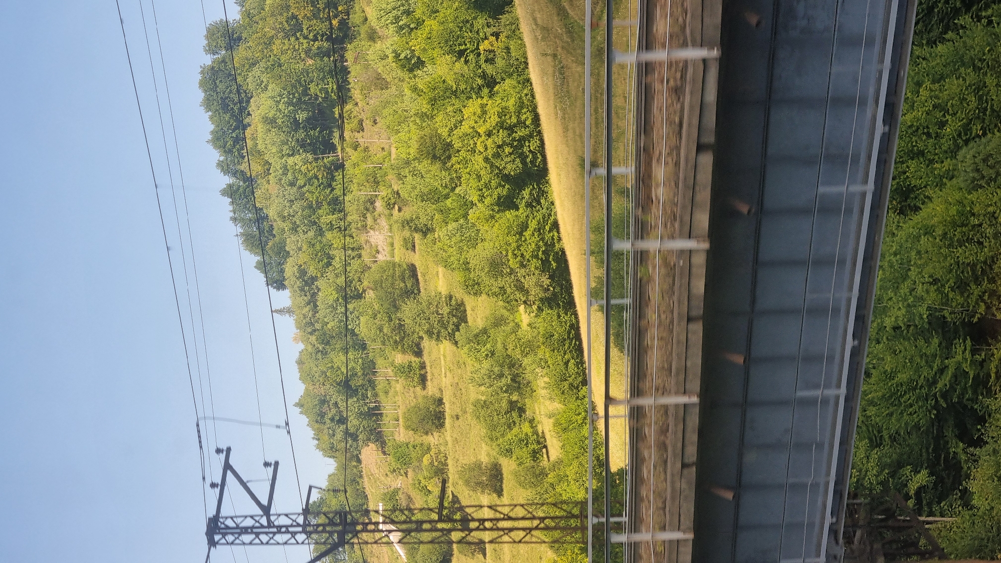 The image depicts a view from a moving vehicle, likely a train, looking towards a hillside covered in lush green trees and vegetation under a clear blue sky. In the foreground, a railway bridge with wooden sleepers and metal supports spans across the frame, with power lines and a pylon visible on the left side. The hillside, dotted with scattered trees, slopes upwards and is partially covered in golden grass. The scene suggests a rural or semi-rural setting, possibly on the outskirts of Skotarske, Ukraine, given the presence of train infrastructure and natural landscapes. No people are visible in the image. The lighting indicates it is daytime, with the sun casting shadows and illuminating the scene.