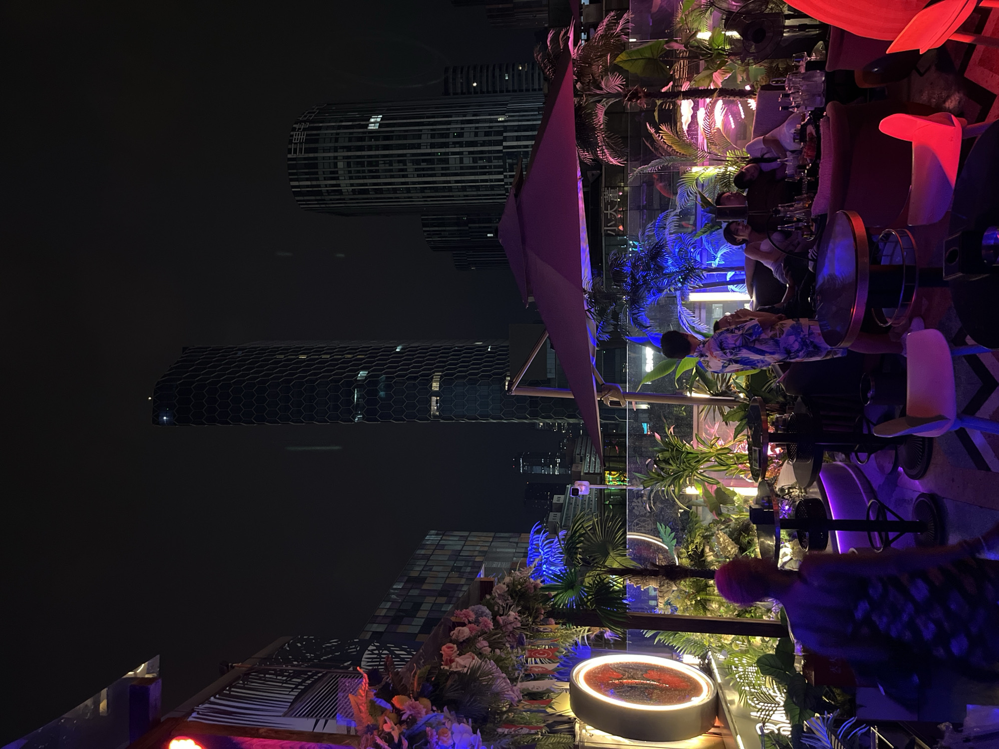 This is an image of a rooftop bar in the Chaoyang District of China at night. The scene is brightly lit with neon and ambient lighting, creating a vibrant atmosphere. In the foreground, there are several people seated and standing, engaged in conversation and enjoying drinks. The bar is decorated with lush tropical plants, including palm trees and flowering bushes, illuminated by blue and pink lights. Round tables with chairs are scattered throughout the space. In the background, towering modern skyscrapers, characteristic of the Chaoyang District, are visible against the dark night sky. The overall impression is a lively urban nightlife setting.