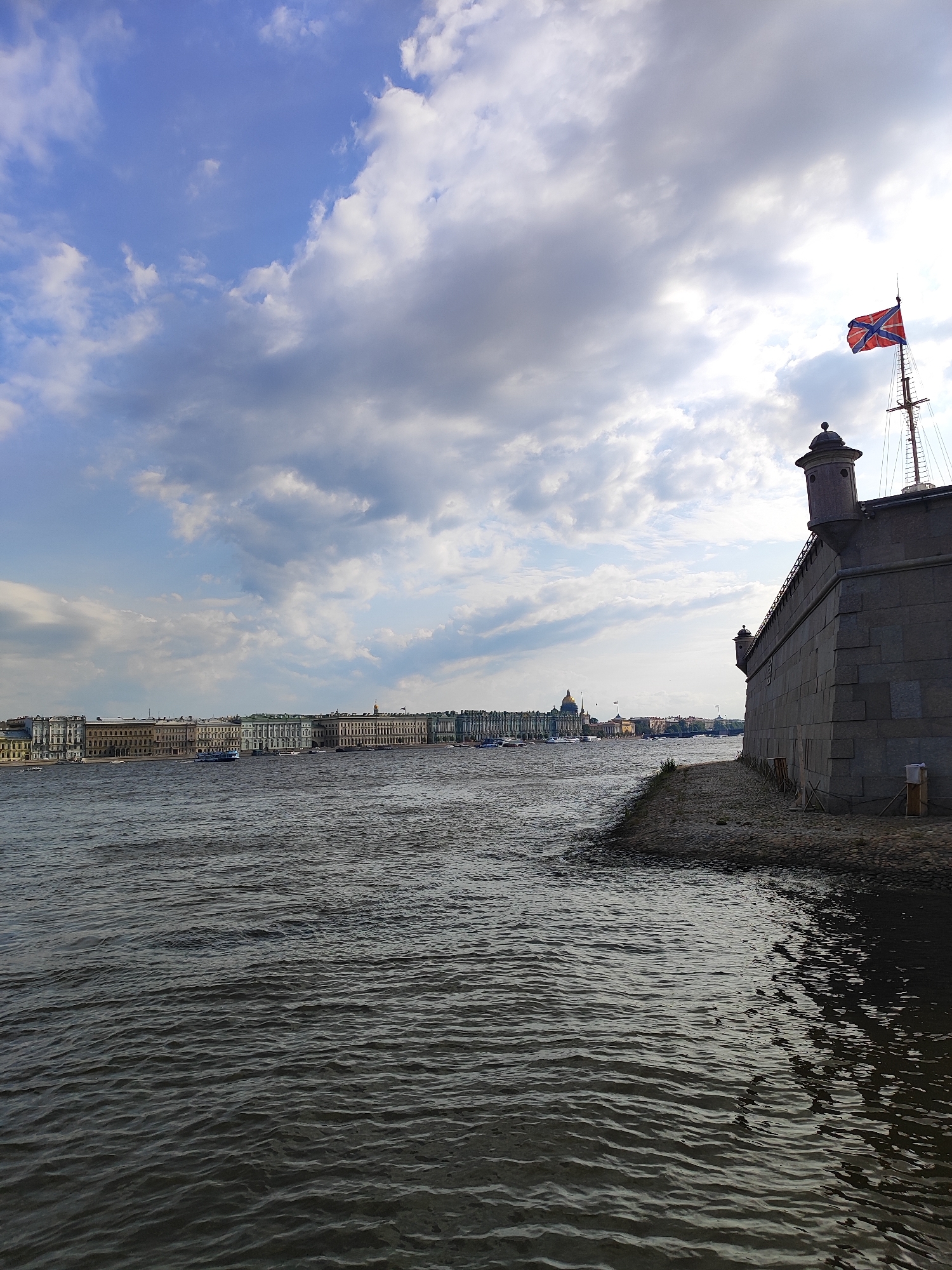 This image depicts a wide river in Saint Petersburg, Russia, with a prominent fortress wall in the foreground on the right. A Russian naval flag flies from a mast atop the fortress. Across the river, a long, elegant row of historical buildings stretches along the embankment, with several domes and spires visible, indicating a city skyline. Boats are scattered on the water. The sky above is partly cloudy with patches of sunlight breaking through. The overall scene conveys a sense of historical grandeur and a maritime atmosphere characteristic of Saint Petersburg.
