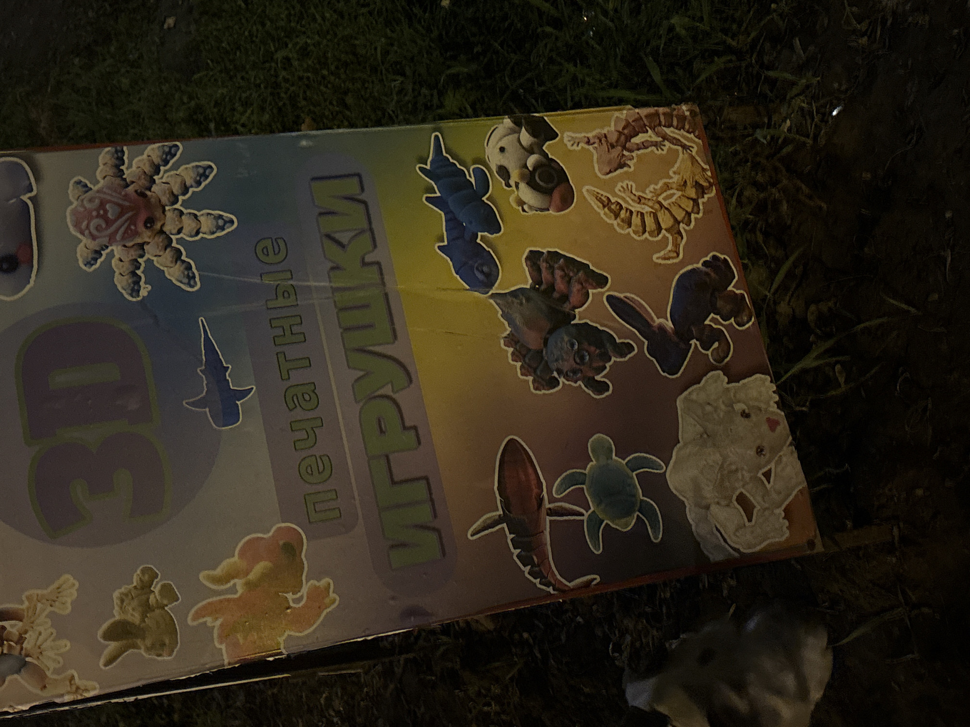 An illuminated product box, likely for toys, lies on dark grass, suggesting an outdoor setting at night in Krasnoyarsk, Russia. The box features vibrant illustrations of various 3D-printed creatures. Prominently displayed are a patterned, many-legged spider-like figure, a blue dolphin or whale, a spotted cow-like animal, a segmenting centipede-like creature, a blue turtle, a red shark, and a fluffy white sheep or lamb. Other indistinct shapes and clusters of objects, possibly rocks or marine life, are also visible. Large text on the box, written in Cyrillic, reads "3D" in purple, "Печатные" (Pechatnye - Printed) also in purple, and "ИГРУШКИ" (Igrushki - Toys) in green, collectively translating to "3D Printed TOYS." The immediate background is dark, likely due to low light conditions, with hints of green foliage.