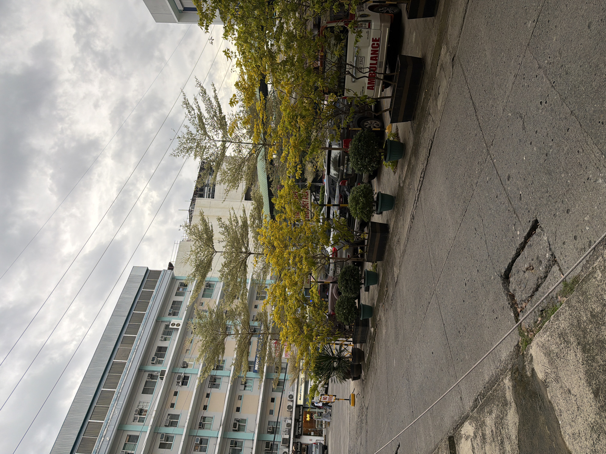 This is a ground-level, eye-level, outdoor, medium shot of a street scene in Davao City, Philippines. The scene is dominated by a large, multi-story building on the left, which appears to be a medical facility given the visible signage that reads "MEDICAL ARTS". Trees in planters line the street, with some showing yellowing leaves. In the background, parked vehicles are visible, including an ambulance. The sky is overcast with gray clouds. The street in the foreground is paved with concrete and shows some signs of wear and tear, including cracks. A rope or cable runs diagonally across the road from the lower left to the upper right. There are no clear interactions or actions depicted, and the overall atmosphere is still and quiet.