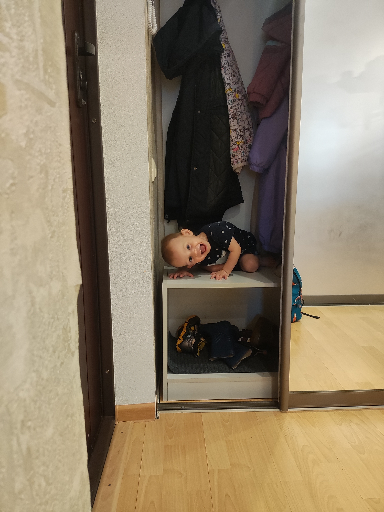 A baby in a navy polka dot romper is crawling in a closet with a bottom shelf filled with shoes. The closet contains clothing, and the floor is wood. The closet has a sliding mirrored door. The image was taken in an indoor setting.