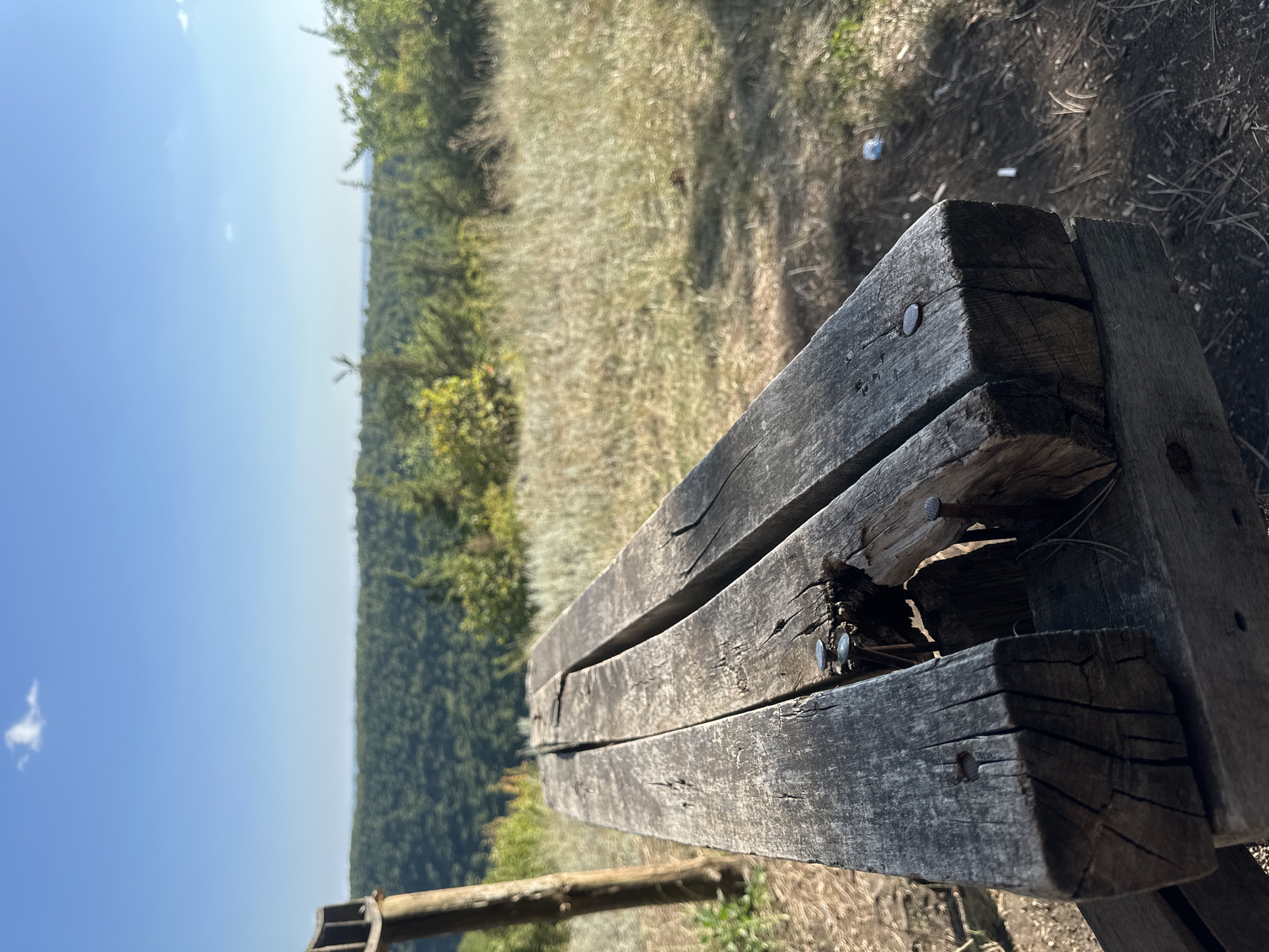 The image shows a weathered wooden bench in a natural outdoor setting. The bench appears to be constructed from rough-hewn planks, showing signs of age and wear, including cracks and protruding nails. In the background, a dense forest stretches across a rolling landscape under a clear blue sky with a small white cloud. The foreground is a grassy area with some dry vegetation. A wooden post is visible to the left of the bench. The scene suggests a scenic overlook or rest stop in a rural or natural area, possibly within the city of Pryvorottia Druhe, Ukraine, given the context. There are no people or animals visible in the image.