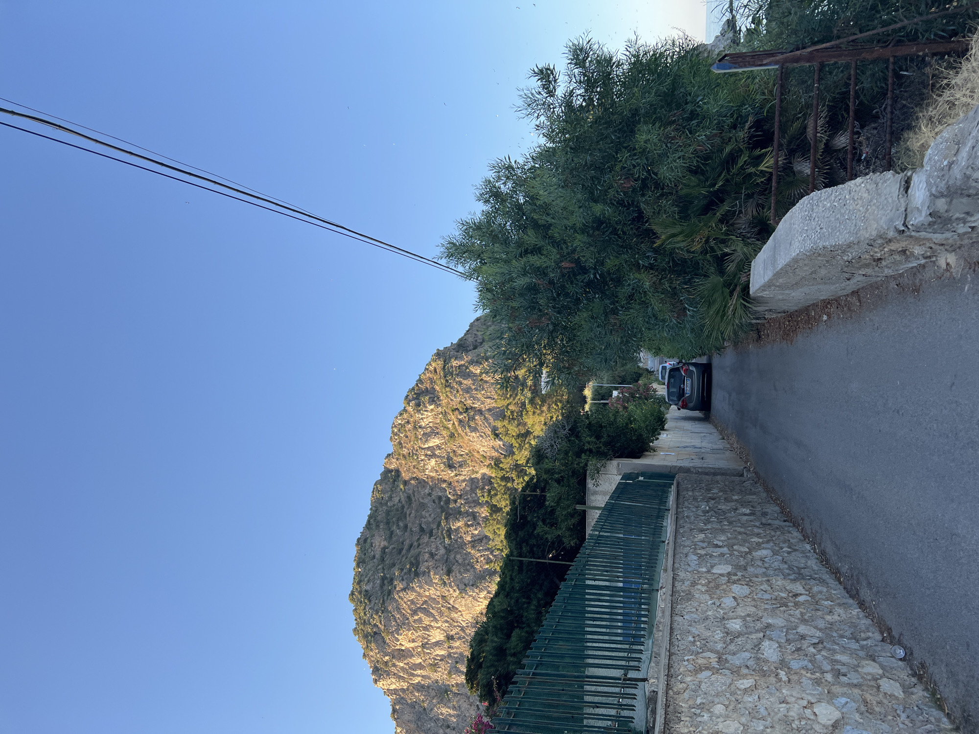 The image shows a narrow, paved road ascending a hill in Santa Flavia, Italy. The road is flanked by a stone wall on the left, topped with a green metal fence and lush green foliage. On the right, a rough stone retaining wall borders the road, and a large, dense tree with fine leaves dominates the foreground. Beyond the tree, a rusty metal gate can be seen. In the distance, a grey car is parked on the side of the road, and the sunlit, rocky slopes of a mountain covered in sparse vegetation are visible against a clear blue sky. Power lines are strung across the upper portion of the frame. The overall scene suggests a semi-rural, Mediterranean setting.
