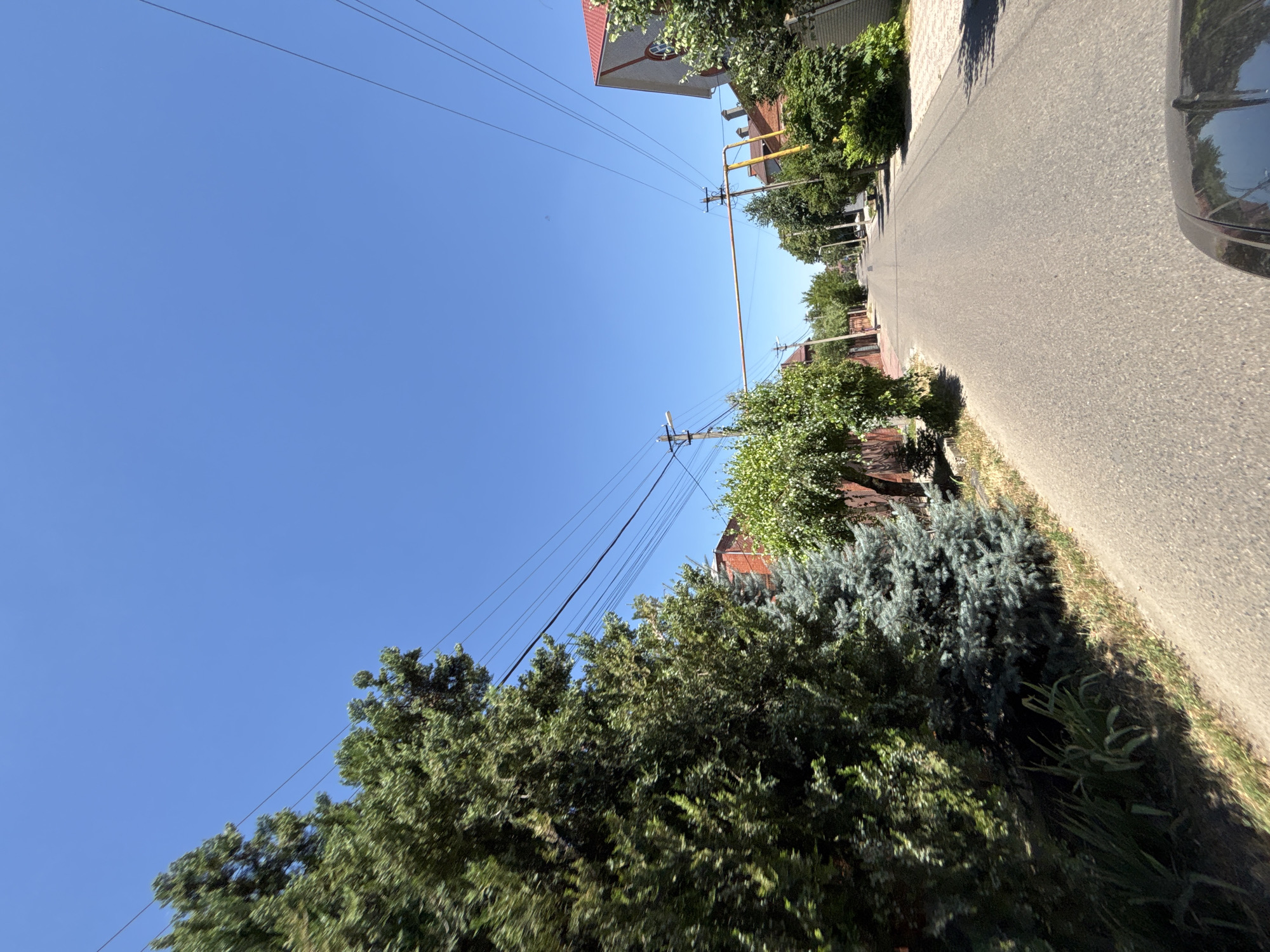 This media file depicts a street scene in Krasnodar, Russia, under a clear blue sky, suggesting it is daytime. The perspective is from a low angle, looking upwards and slightly to the side. The main subject is a paved road that recedes into the distance, lined with trees and houses on either side.
On the left side of the road, there are lush green trees and the roofs of houses, one with a red tiled roof. Utility poles with overhead wires are visible, crisscrossing the sky. On the right side of the road, the asphalt surface is prominent, with a black car partially visible in the lower right corner. Beyond the car, more trees and the edge of the road are seen.
The scene is characterized by abundant greenery, indicative of a temperate climate, possibly summer. The bright sunlight casts shadows, suggesting a time of day when the sun is high. There are no people visible in the frame. The overall impression is one of a quiet, residential street on a sunny day. No text is visible in the image.