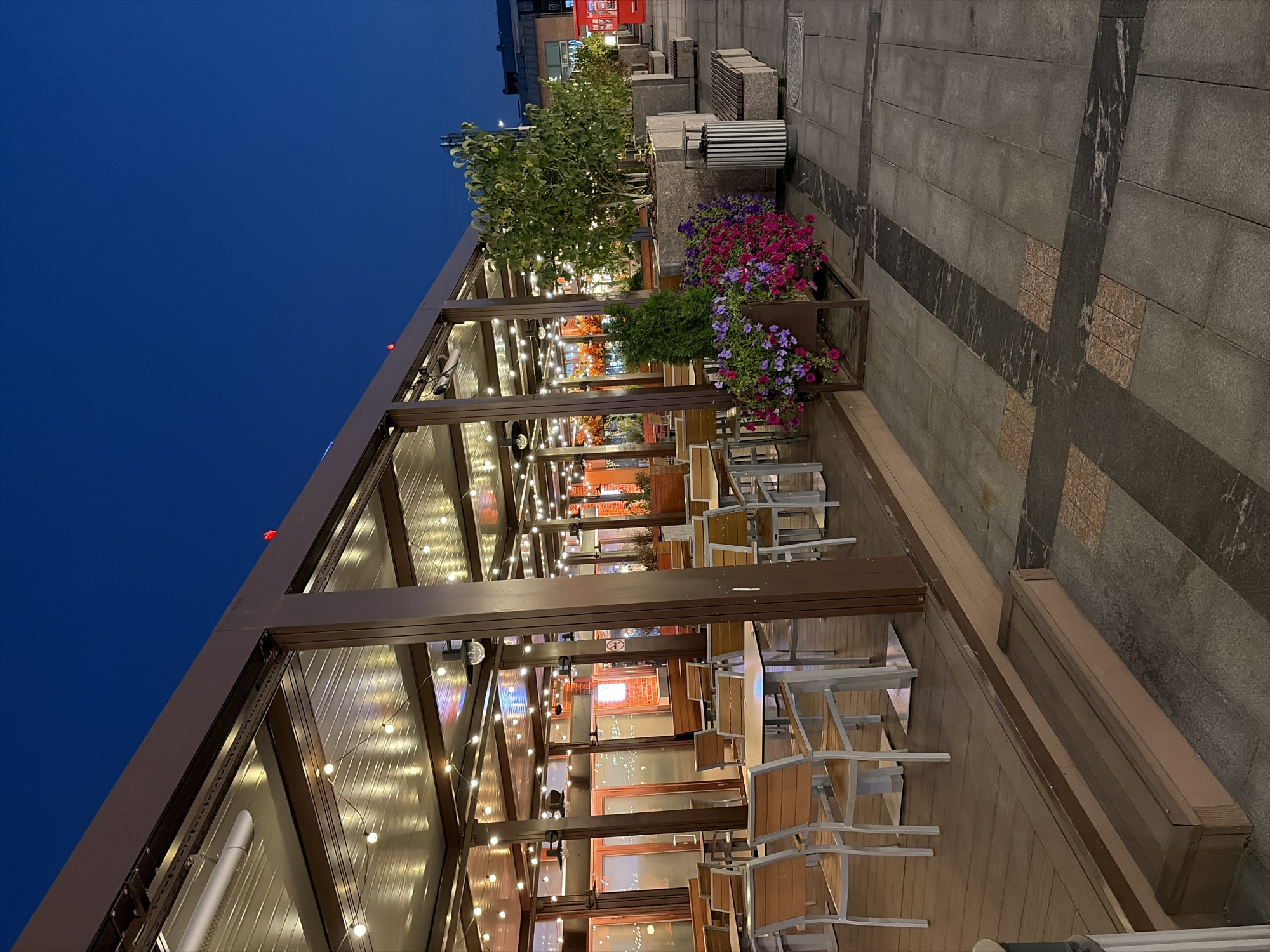 This is an outdoor seating area of a restaurant or cafe in Moscow, Russia, taken at dusk. The area is covered by a brown metal pergola with a corrugated metal roof. The pergola is illuminated by numerous string lights. Tables and chairs, made of wood and metal, are set up on a wooden deck. Beyond the deck, there is a paved walkway with stone tiles. In front of the walkway, there are large planters filled with flowers, including pink and purple petunias, and a small evergreen tree. Further down the walkway, there are more planters, benches, and a trash receptacle. The background shows the facade of a building with windows and doors. The sky is a deep blue, indicating twilight. No people are visible in the image.