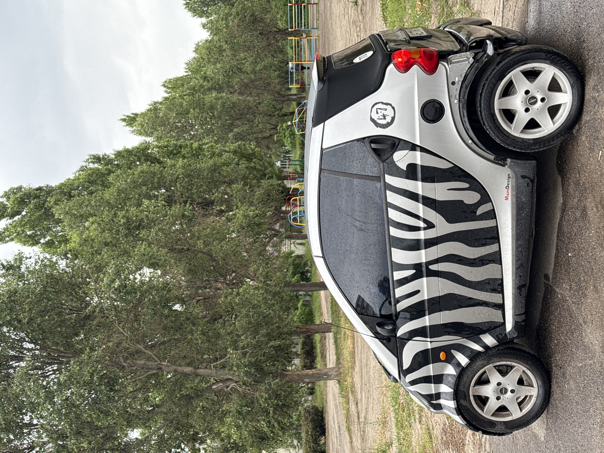 A silver Smart car with a black and white zebra stripe graphic on its side is parked on a wet asphalt road. The car has a black roof and a black spoiler. There is a circular sticker with a number 47 inside it on the rear passenger side of the car. A smaller circular sticker with a 70 inside it is visible on the rear of the car. In the background, there are several tall trees with green leaves and a playground with colorful equipment. The sky is overcast. The ground is wet, suggesting it has recently rained.