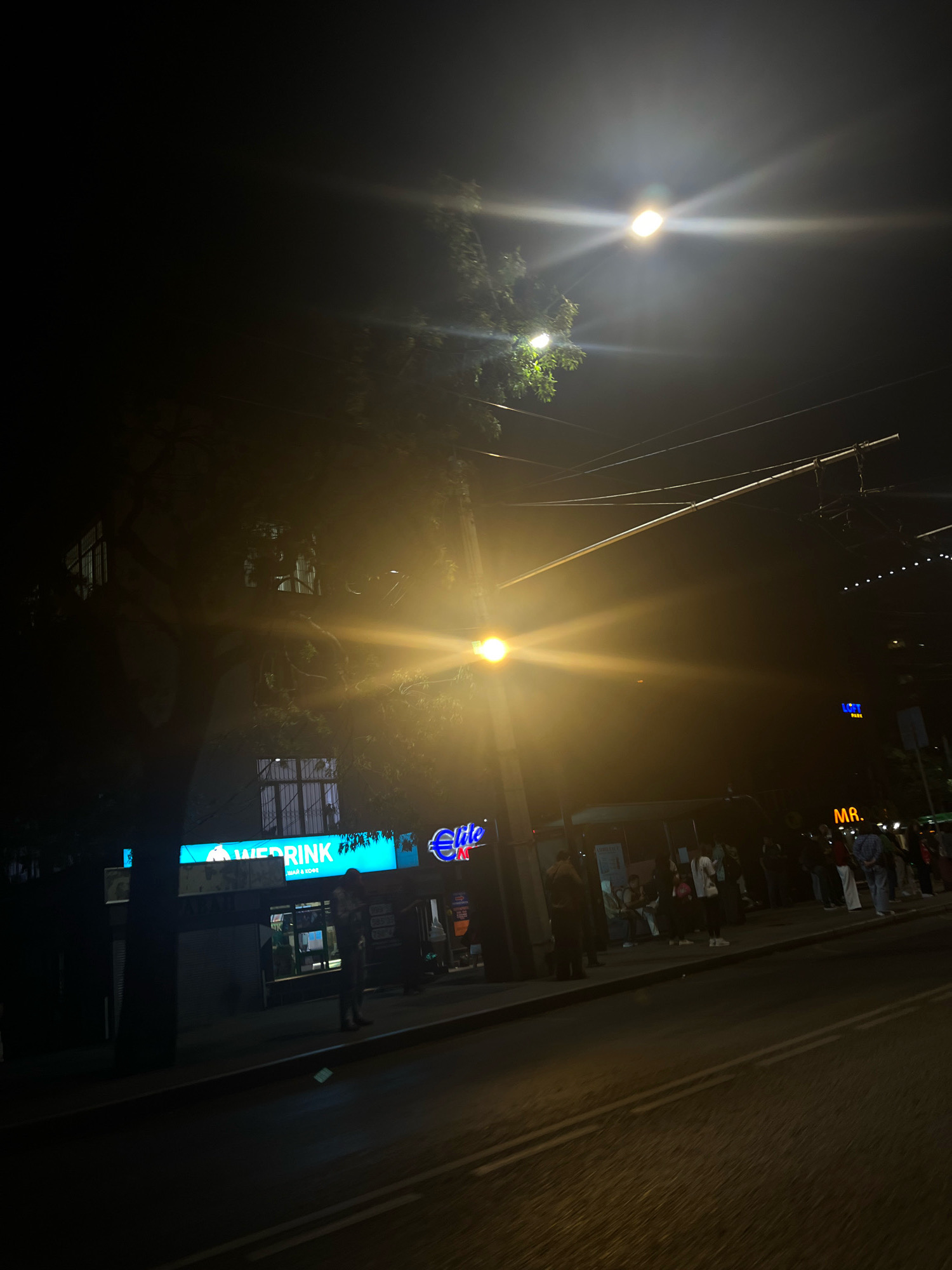The image depicts a nighttime street scene in Almaty, Kazakhstan. A bright street light in the foreground casts a strong glare, illuminating a tree with dense foliage and electrical wires overhead. To the left, a building with illuminated windows is visible, partially obscured by the tree. Below, a storefront with a bright blue neon sign reads "WEDRINK" in English, with Russian text below it. To the right of this, a sign with a Euro symbol and the word "Elite" is visible. Further down the street, a bus stop area is populated by several individuals, some of whom are seated and others standing. Another sign with the word "MR." in large letters is present on the right side of the frame. The street itself has visible lane markings, and the overall atmosphere is dark, with artificial lighting dominating the scene.