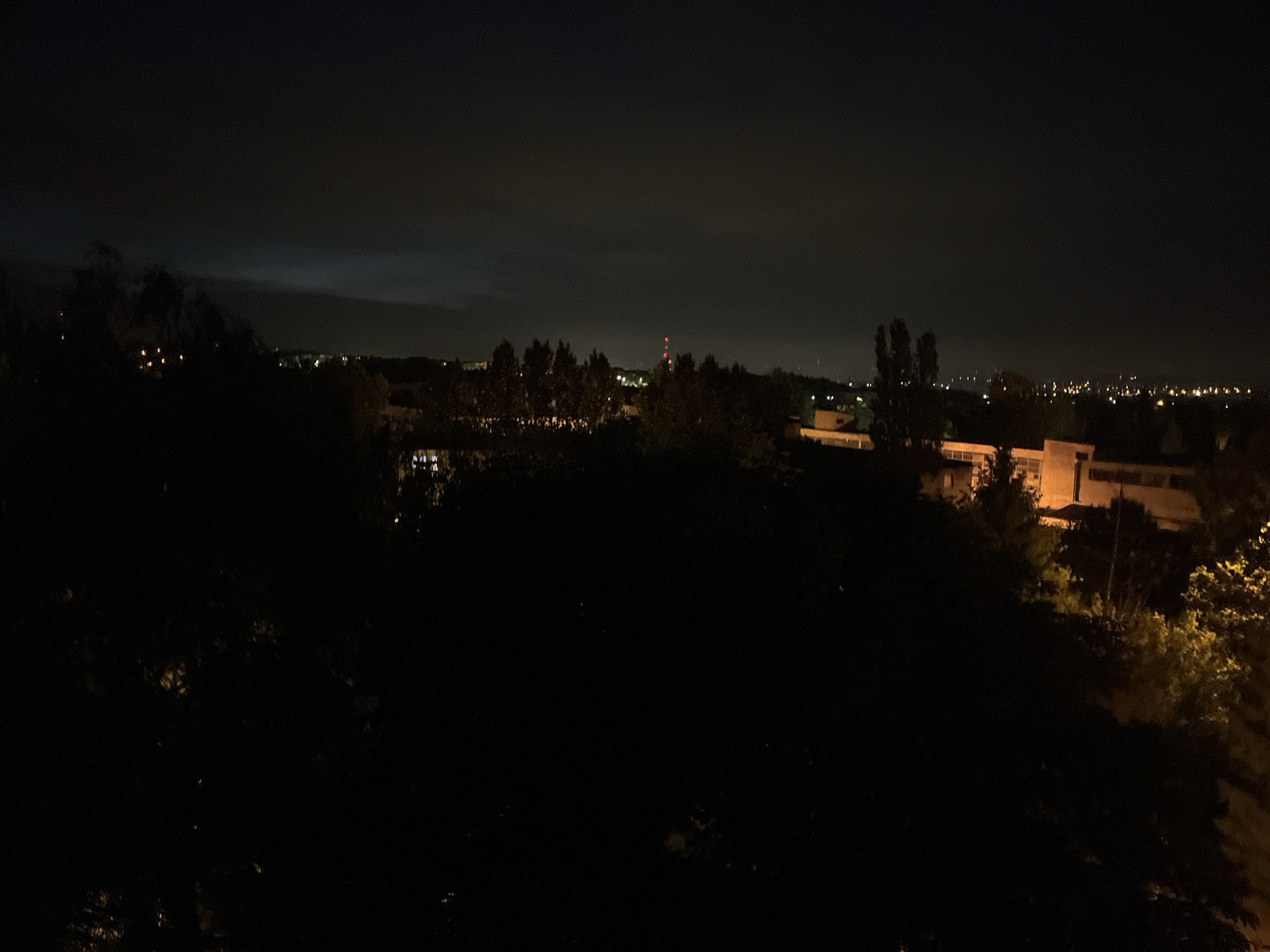 This media file presents a panoramic nighttime view of an urban or suburban landscape, captured from an elevated vantage point. The scene is dominated by darkness, with artificial lights illuminating various elements.
In the immediate foreground, dense, dark foliage, likely trees and bushes, creates a silhouette that obscures the ground level. Patches of light occasionally break through, hinting at illuminated areas within the greenery.
The mid-ground reveals a sprawling area with various structures and lights. Several buildings are visible, some dimly lit, while others, particularly a prominent light-colored building on the right, stand out with clearer illumination. Scattered across this section are numerous small, bright points of light, indicating streetlights, building windows, or distant vehicle lights. Near the center-left, a tall, slender structure, possibly a communication tower or industrial chimney, is marked by distinct red lights. Trees and other vegetation are interspersed among the buildings, appearing as dark masses.
Towards the horizon, a continuous stretch of glowing lights signifies the expanse of a distant city or town. The sky above is dark, but not completely black, showing a faint atmospheric glow from the city lights, suggesting either cloud cover or light pollution.
The image captures a quiet, still moment at night. There is no discernible human activity or specific event taking place; it is a static landscape shot. The weather appears clear, though a slight haze or cloud cover diffuses the distant light. There is no visible text in the image.