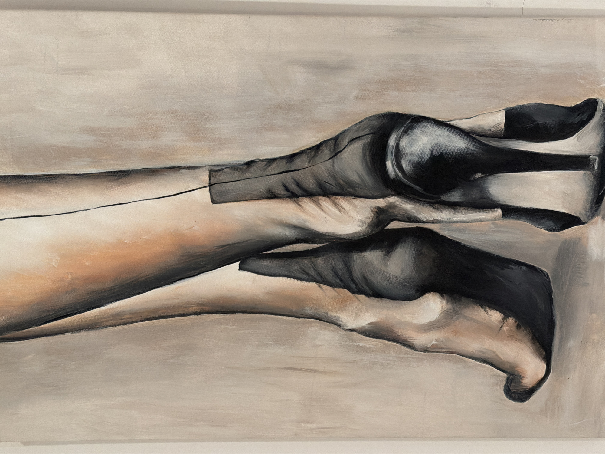 A painting depicts a pair of human legs, from mid-thigh down, against a neutral background. The legs are clad in black sheer stockings, each featuring a prominent seam running vertically up the back. A black high-heeled shoe is visible on the right foot, with a similar shoe partially obscured on the left foot. The stance suggests a dynamic pose, with the left heel slightly elevated and the weight shifted. The background consists of broad, textured strokes of beige and light brown, indicative of a minimalist studio environment or plain wall. No discernible architectural features, landmarks, or environmental details are present to identify a specific geographical location, including any associated with Paris, France.