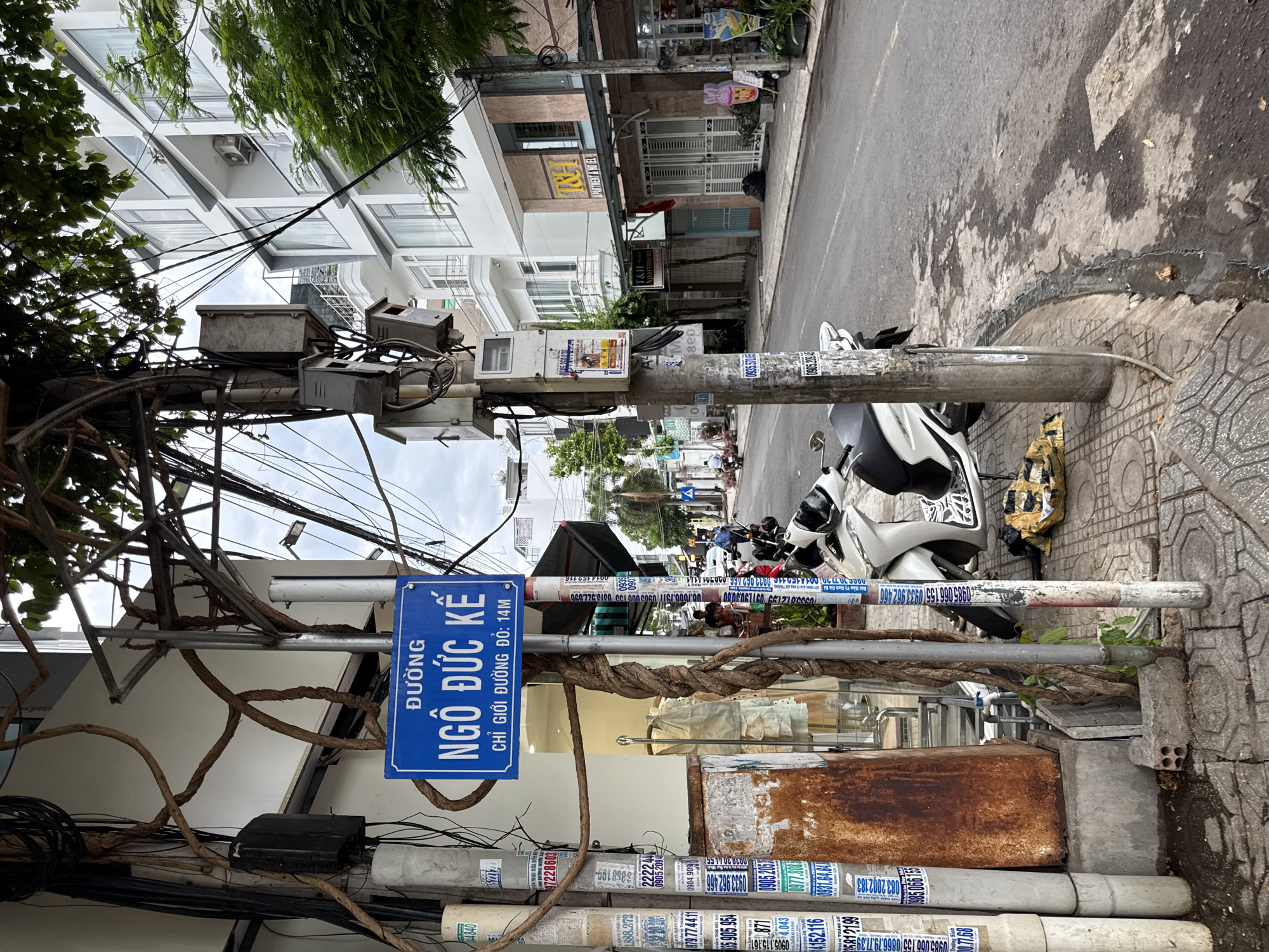 The image depicts a street scene in Nha Trang, Vietnam, on a cloudy day. A blue street sign reads "ĐƯỜNG NGÔ ĐỨC KẾ CHI GIỚI ĐƯỜNG ĐÔ: 14M," indicating the street name and its width. Several utility poles are visible, adorned with numerous wires and electrical boxes. A thick vine wraps around one of the poles, growing over the street sign.
On the sidewalk, a white scooter is parked, with some yellow trash bags near it. The street itself is paved with asphalt, and a drainage channel runs along the curb. Buildings line the street, featuring modern architecture with balconies and large windows. Some of these buildings appear to be apartments or hotels, with signage such as "T&H APARTMENT & HOTEL".
In the background, a few people are visible walking or riding motorbikes. The overall environment suggests a typical urban street with ongoing utility infrastructure and daily life. The presence of multiple signs with phone numbers indicates local businesses or services. The vegetation, including trees and vines, is a prominent feature of the scene, suggesting a city that integrates greenery.