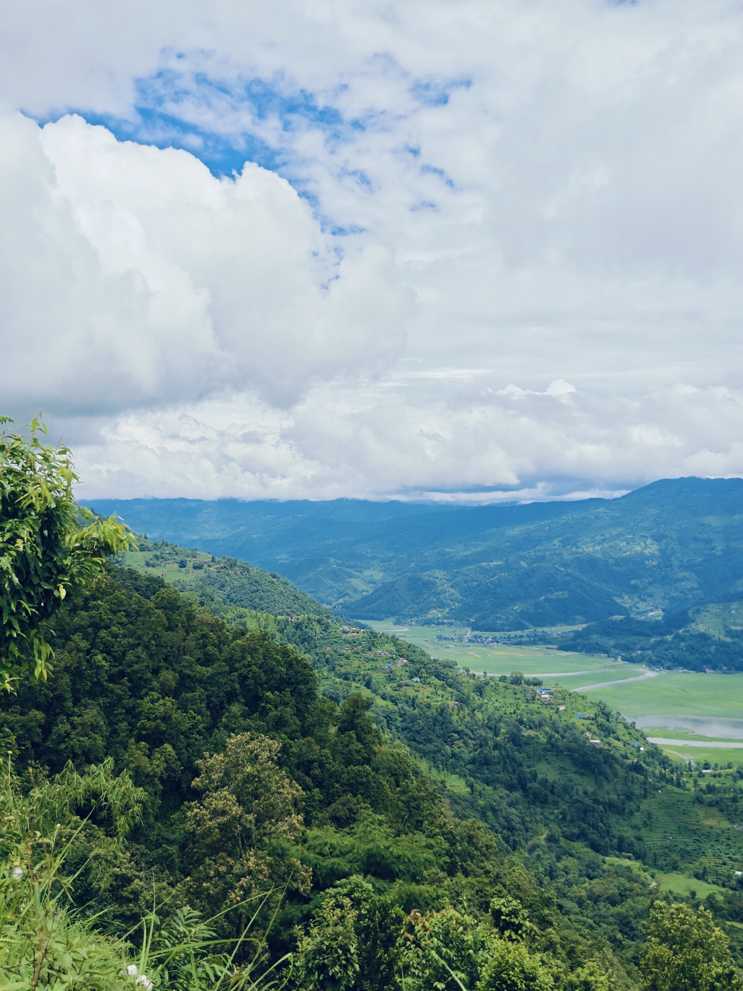 The image depicts a scenic view from a high vantage point overlooking a valley in Pokhara, Nepal. The foreground is dominated by lush green trees and foliage, with some grass and possibly wildflowers in the very bottom left corner. The midground features a steep, densely forested hillside dotted with small, scattered houses, suggesting a rural or semi-rural settlement. Terraced fields are visible on the lower slopes of the hills, indicative of agricultural activity.
Further in the distance, the valley opens up to reveal a wide expanse of green fields and a body of water, likely a lake or a flooded area, which is characteristic of Pokhara's landscape, particularly areas around Phewa Lake or Begnas Lake. The background is filled with rolling hills and mountains, layered in varying shades of blue and green, fading into the horizon under a dramatic sky.
The sky is a mix of white, fluffy cumulus clouds and patches of bright blue sky, suggesting fair weather with some cloud cover. The overall impression is one of natural beauty, tranquility, and a glimpse into the rural life of the region surrounding Pokhara. There are no people or animals visible in the image. The perspective is from above, looking down and across the valley.