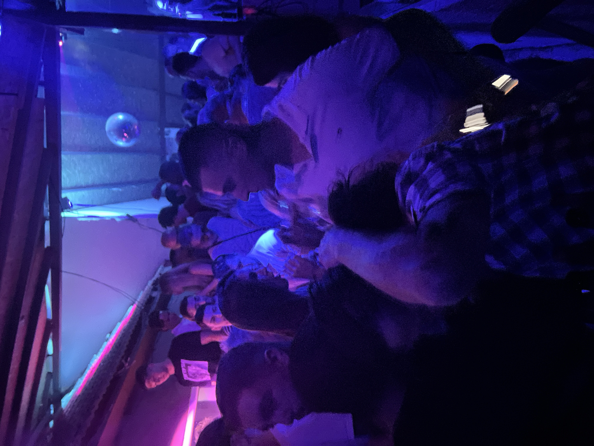 The image captures an indoor gathering in Herceg Novi, Montenegro, possibly a nightclub or a party venue, illuminated by vibrant purple and blue lights. A disco ball is visible in the upper right portion of the frame, reflecting light onto the scene. A diverse group of people are present, with most of them engaged in social interaction or dancing. In the foreground, several individuals are visible, with one person wearing a black t-shirt with a graphic print. To their right, another individual is seen in profile, wearing a white polo shirt. The overall atmosphere appears lively and energetic, typical of a nightlife setting. The environment suggests a somewhat rustic or informal interior with exposed wooden beams in the ceiling, adorned with colorful LED lighting strips.